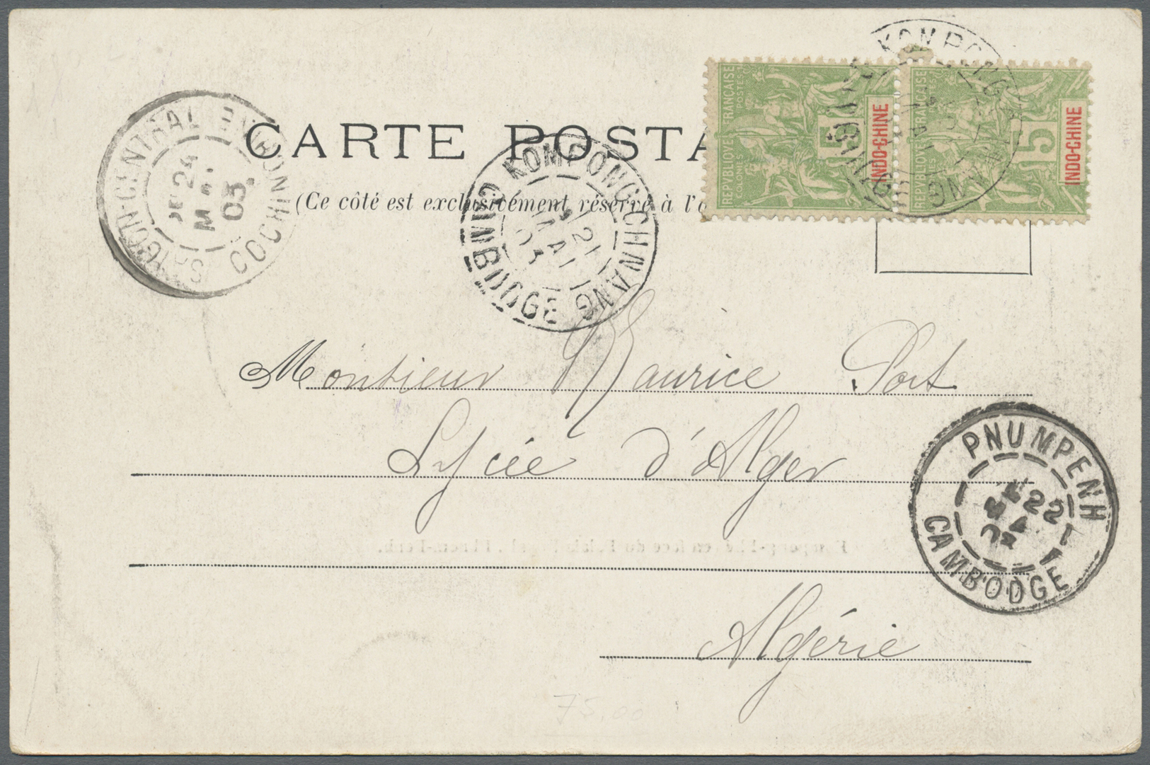 Br Französisch-Indochina: 1903. Picture Post Card Of 'Kompong-Phe, Pnom-Penh' Addressed To Algeria Bearing Lndo-China SG - Covers & Documents