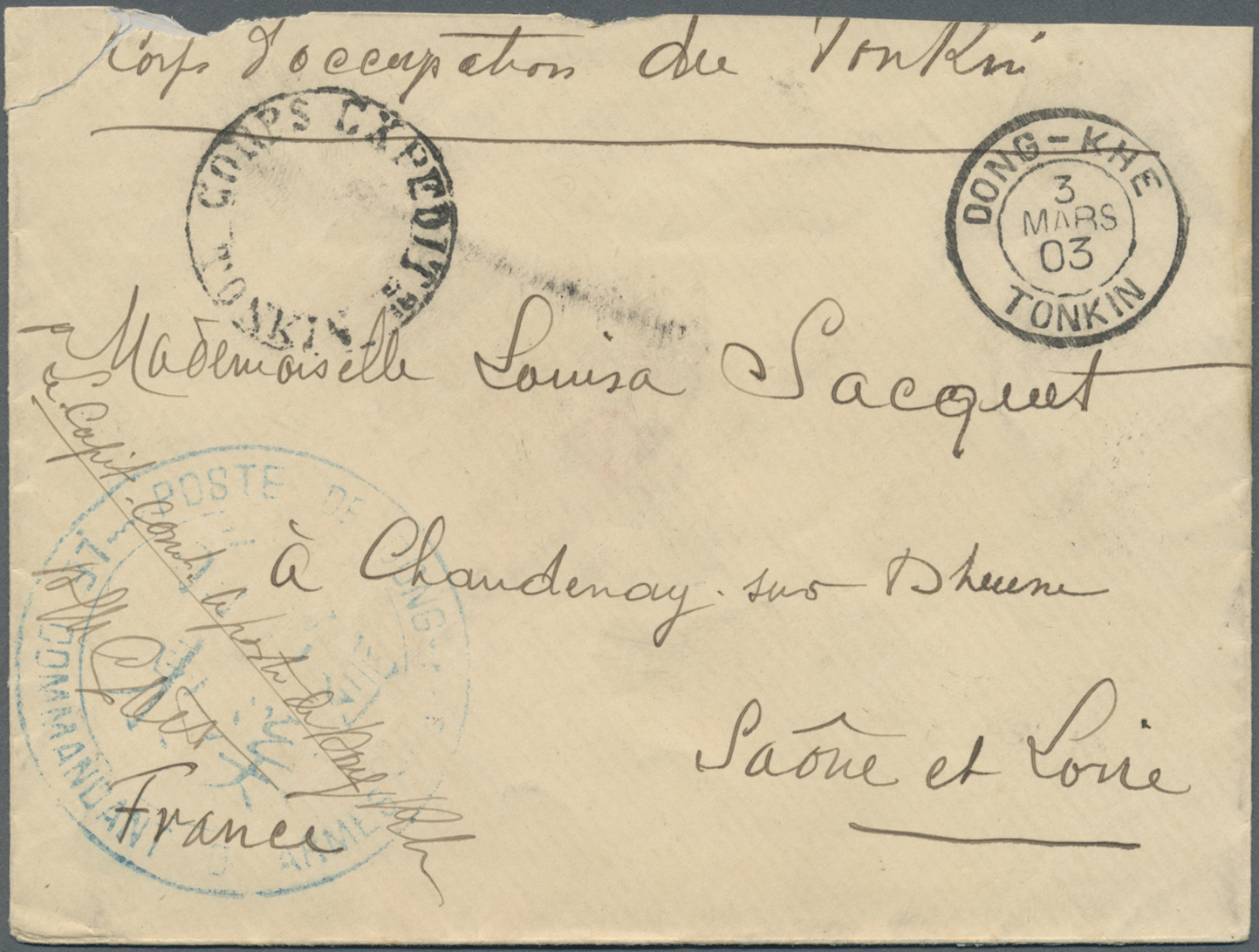 Br Französisch-Indochina: 1903. Military Mail Envelope (opening Faults) Endorsed 'Corps Expeditionnaire Du Tonkin' Addre - Covers & Documents