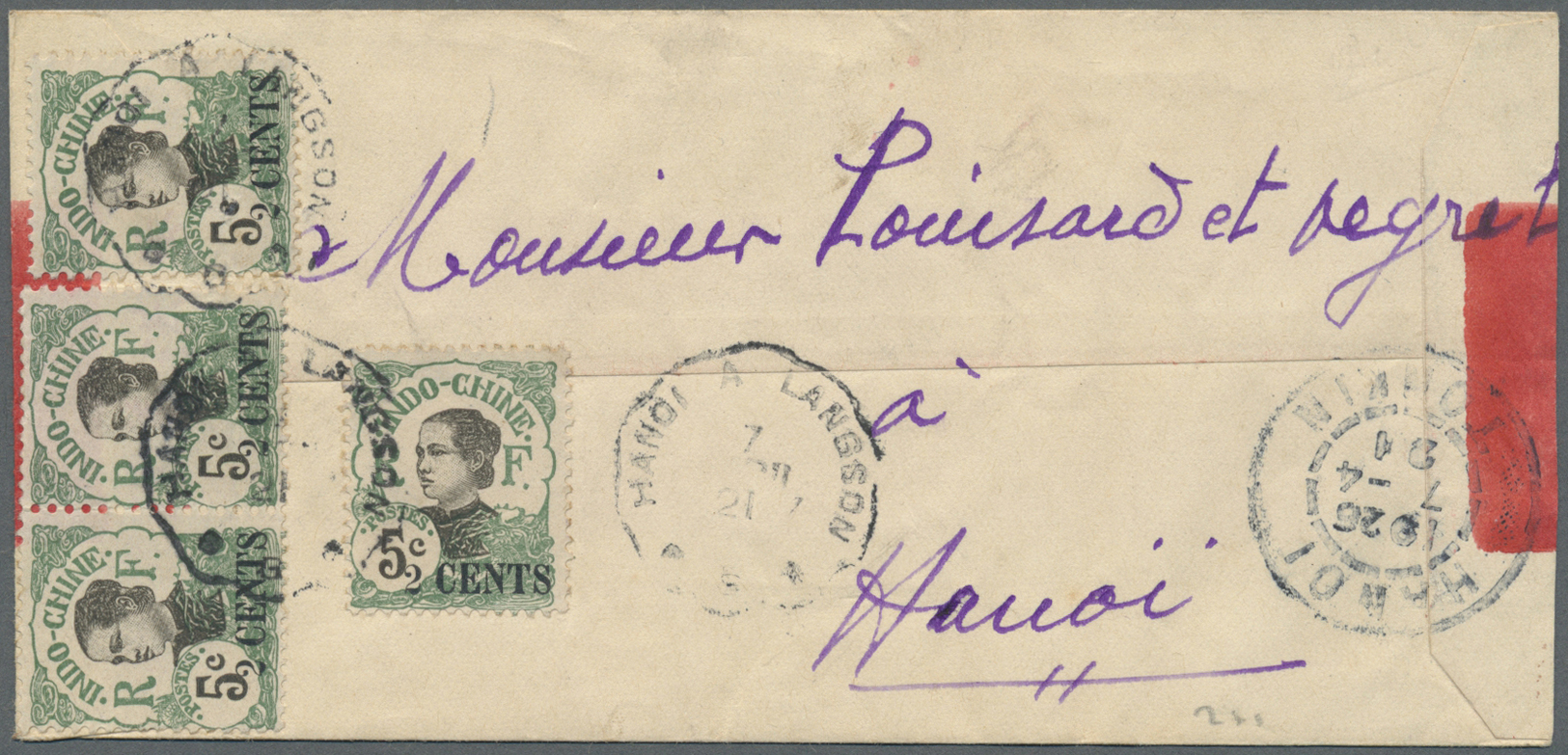 Br Französisch-Indochina: 1921. Red Band Envelope Addressed To Hanoi Bearing Lndo-Chine SG 91, 2c On 5c Green (4) Tied B - Lettres & Documents