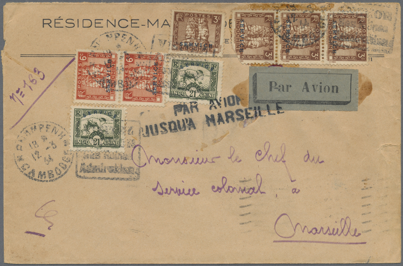 Br Französisch-Indochina - Dienstmarken: 1934. Air Mail Envelope Addressed To France Bearing Indo-China 'Official Servic - Autres & Non Classés