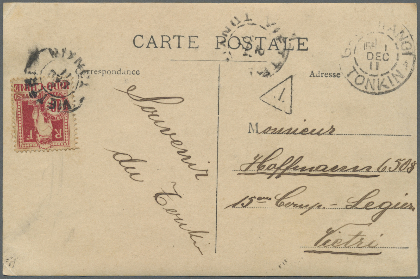 Br Französisch-Indochina - Portomarken: 1911. Photographie Card 'Route De Phu-Duc' Addressed To Viettri, Tonkin Cancelle - Timbres-taxe