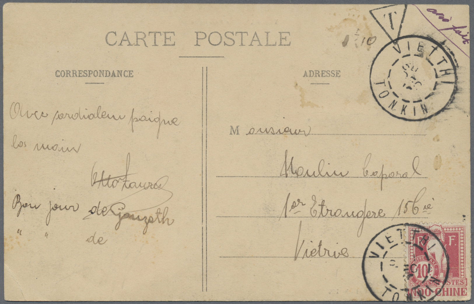 Br Französisch-Indochina - Portomarken: 1912. Picture Post Card Of 'La Residence, Yen-Bay' Addressed To Tonkin Bearing I - Postage Due