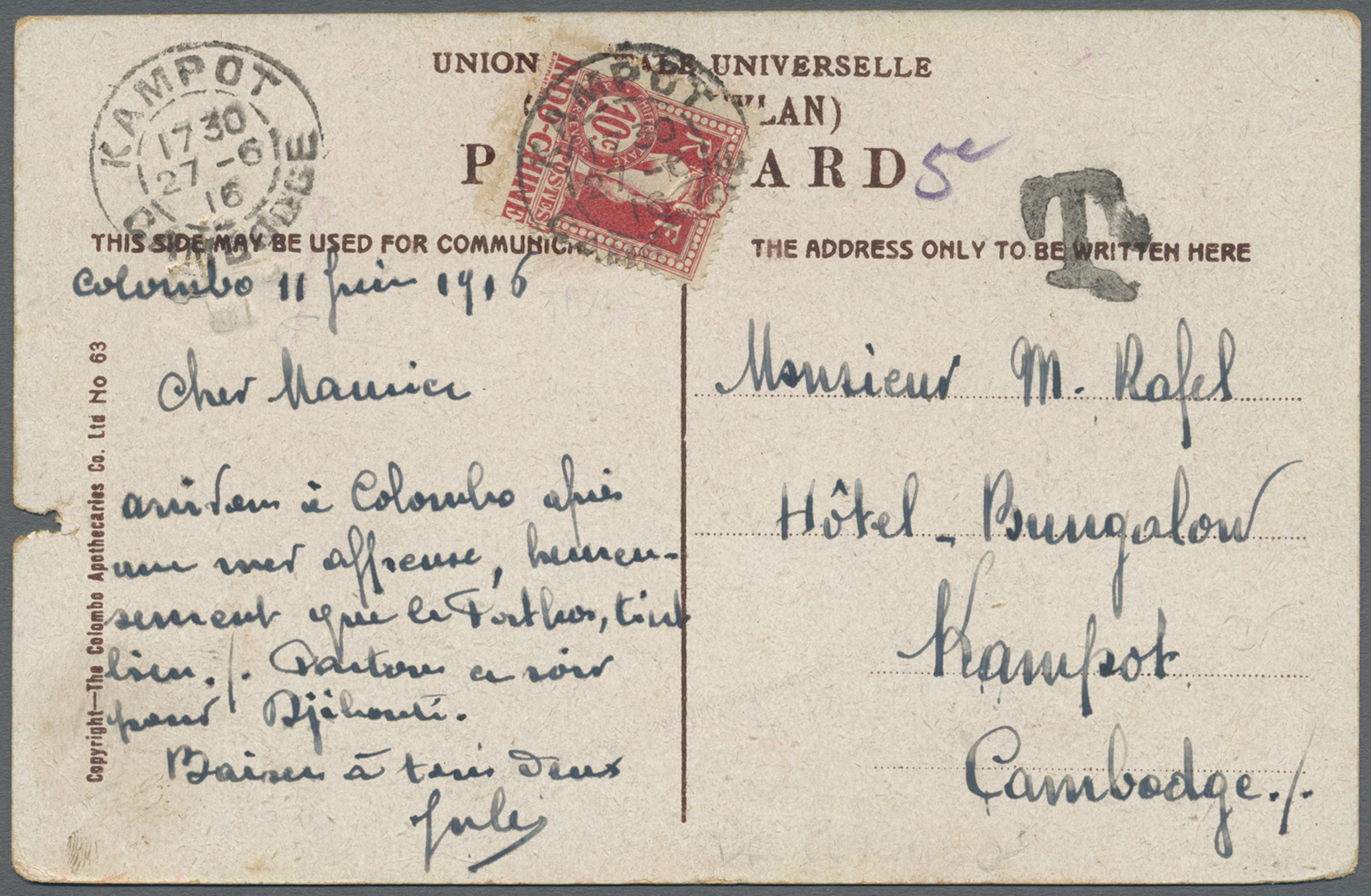 Br Französisch-Indochina - Portomarken: 1916. Picture Post Card (fmall Faults)of 'Native Village, Ceylon' Addressed To C - Postage Due