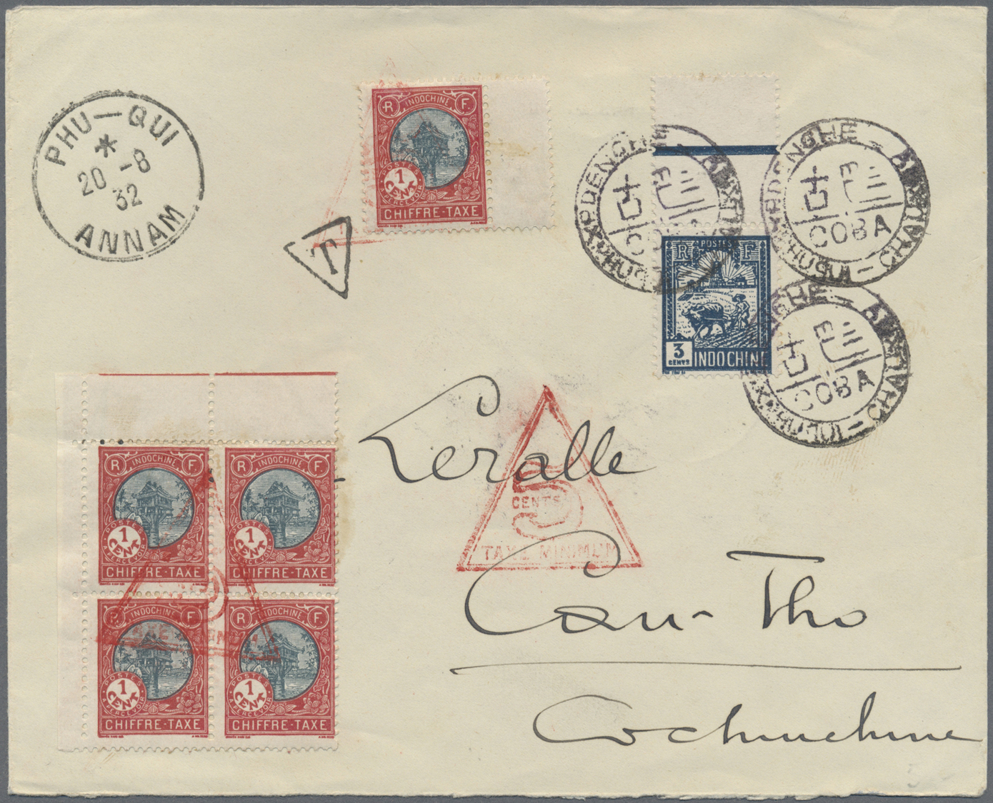 Br Französisch-Indochina - Portomarken: 1932. Envelope Addressed To Can-Tho Bearing Lndo-China SG 142, 3c Indigo Tied By - Timbres-taxe