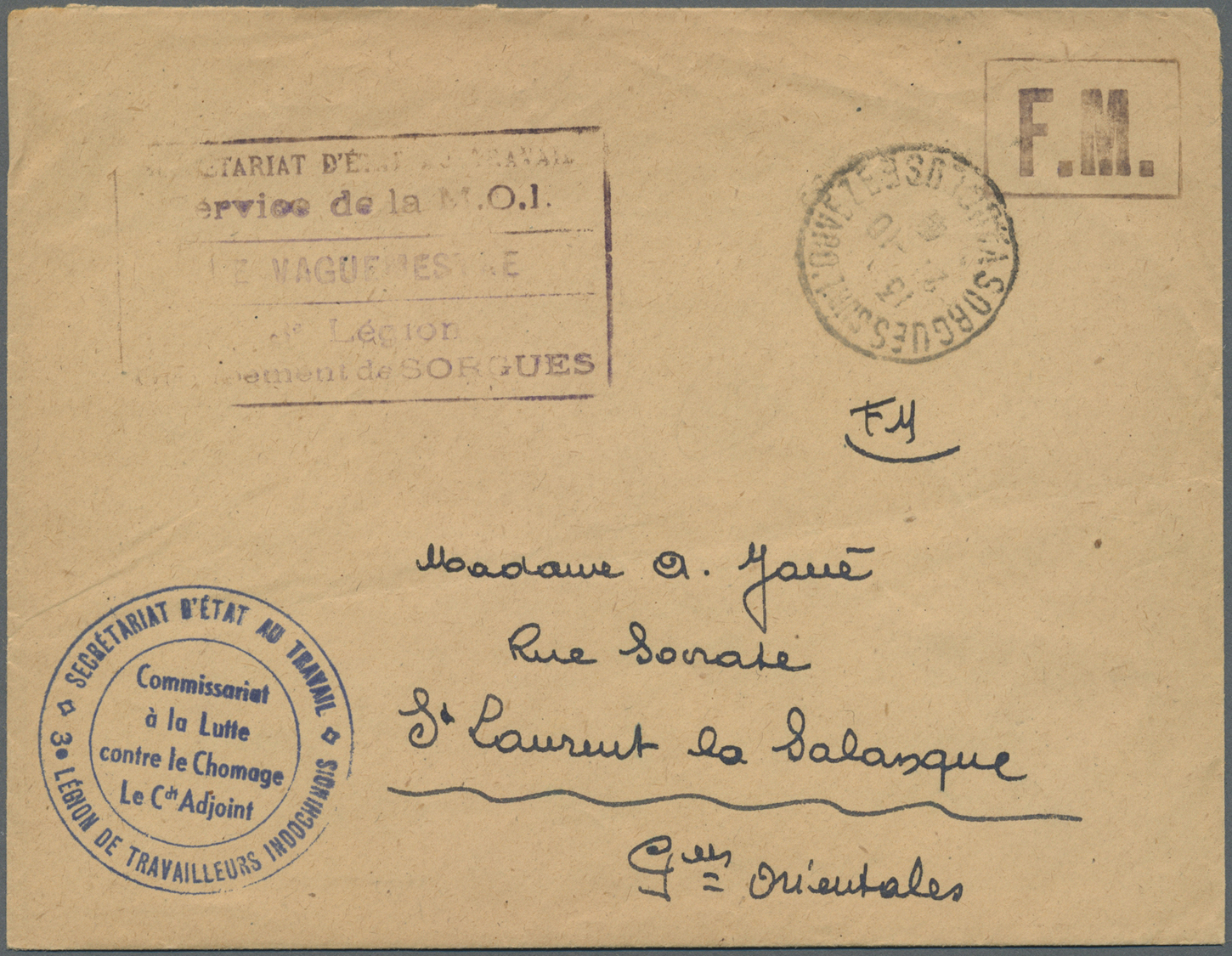 Br Französisch-Indochina - Portomarken: 1942. Military Mail Envelope Cancelled By Sorgues Date Stamp With Boxed 'FM.' An - Timbres-taxe