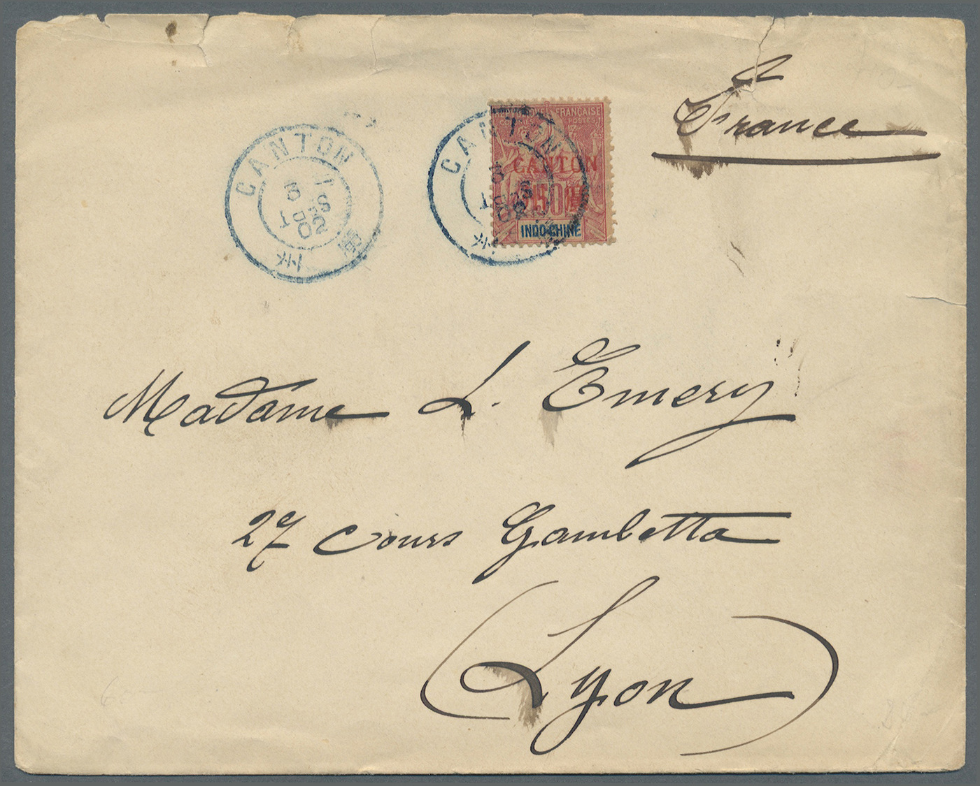 Br Französisch-Indochina - Postämter In Südchina: CANTON: 1902 Envelope (roughly Opened At Top) Addressed To France Bear - Other & Unclassified