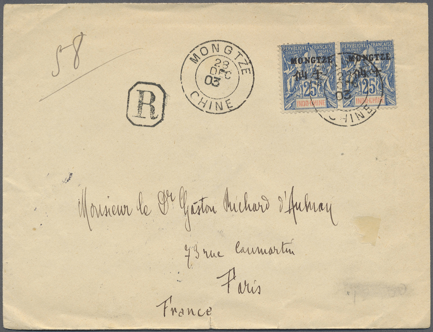 Br Französisch-Indochina - Postämter In Südchina: 1903. Registered Envelope Addressed To Paris Bearing Mongtse SG 8, 25c - Autres & Non Classés