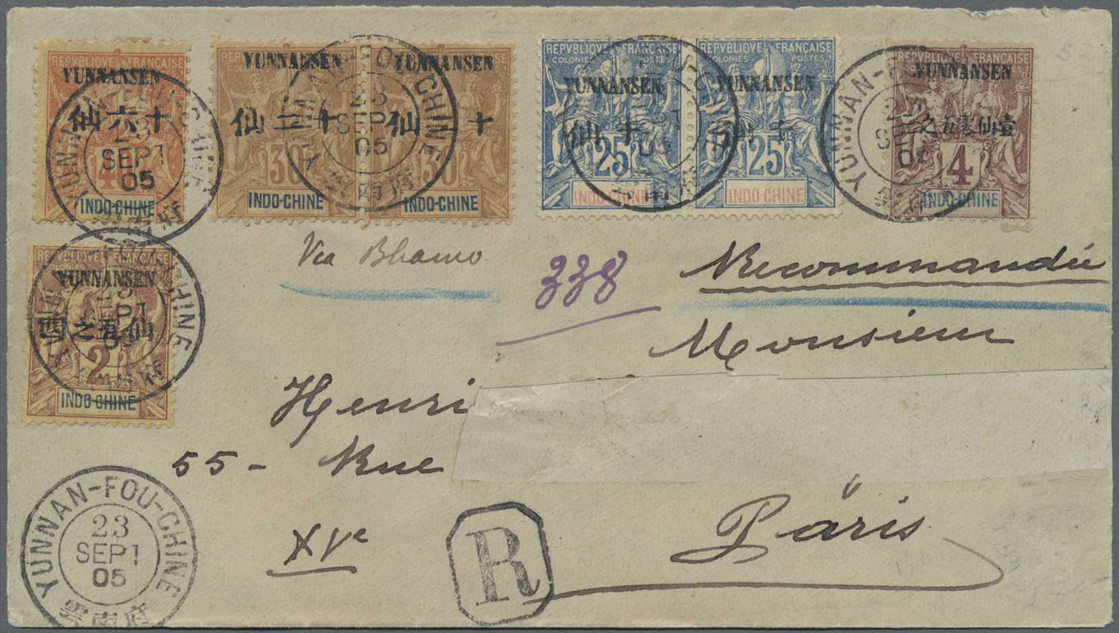 Br Französisch-Indochina - Postämter In Südchina: Yunnan, 1905. Registered Envelope (receivers Name Cut Out) To Paris Be - Other & Unclassified