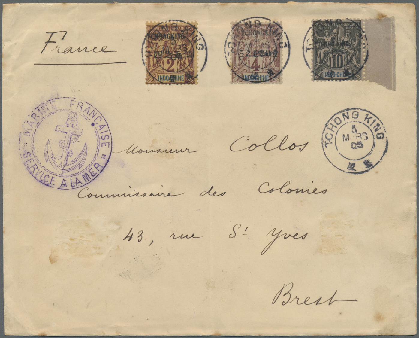 Br Französisch-Indochina - Postämter In Südchina: Tchongking, 1905. Envelope Addressed (vertical Fold, A Few Spots) To F - Autres & Non Classés