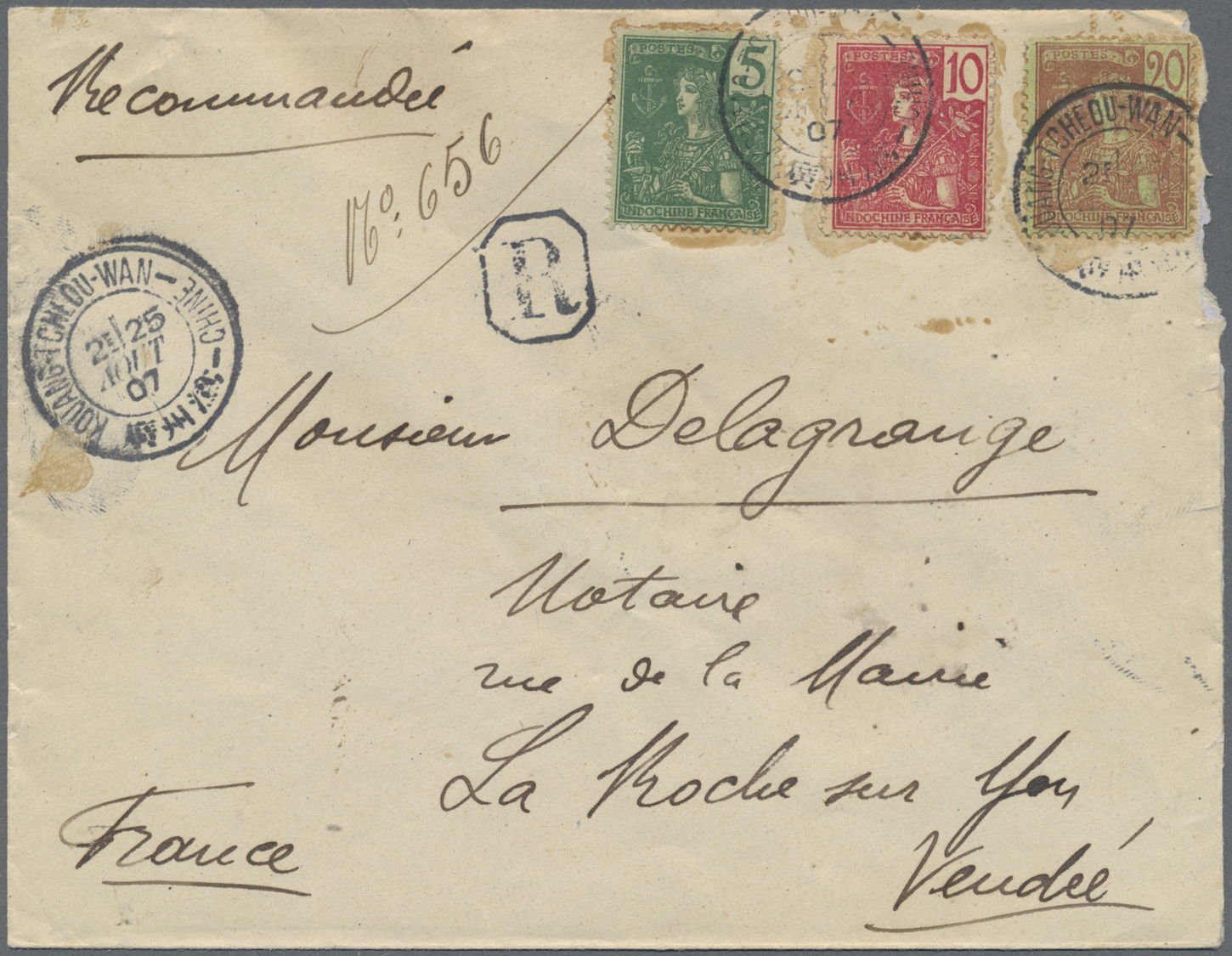 Br Französisch-Indochina - Postämter In Südchina: 1907. Registered Envelope (faults) Addressed To France Bearing French - Other & Unclassified