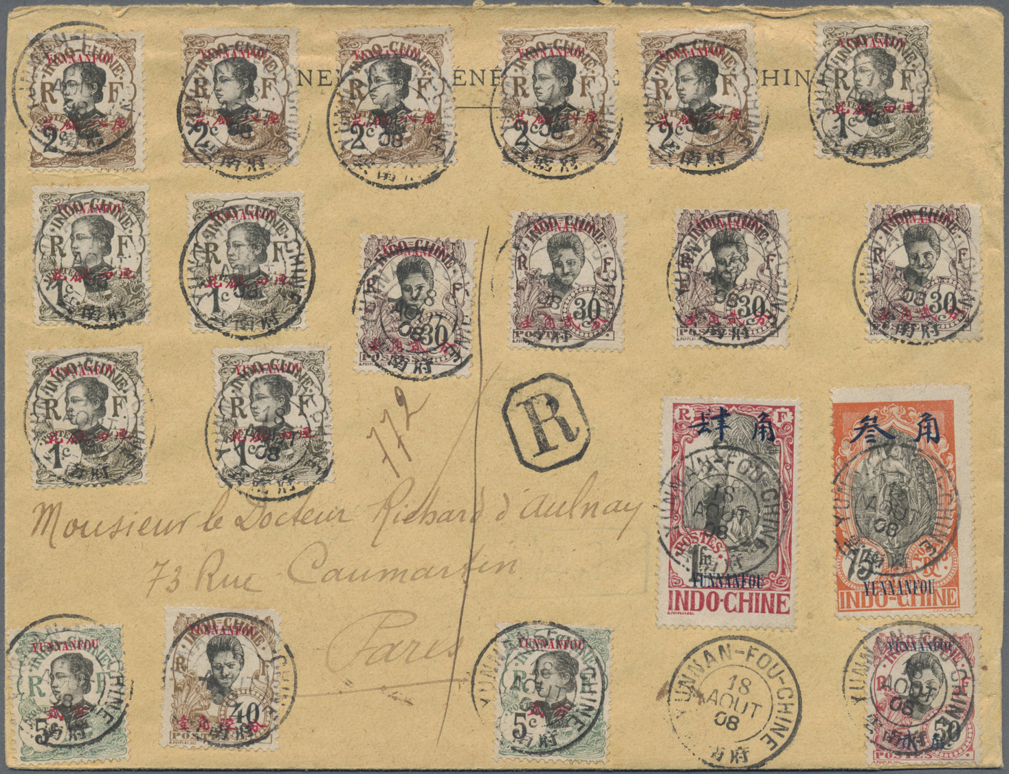Br Französisch-Indochina - Postämter In Südchina: Yunnan, 1908. Registered Envelope Addressed To Paris Bearing Yunnan-Fo - Other & Unclassified