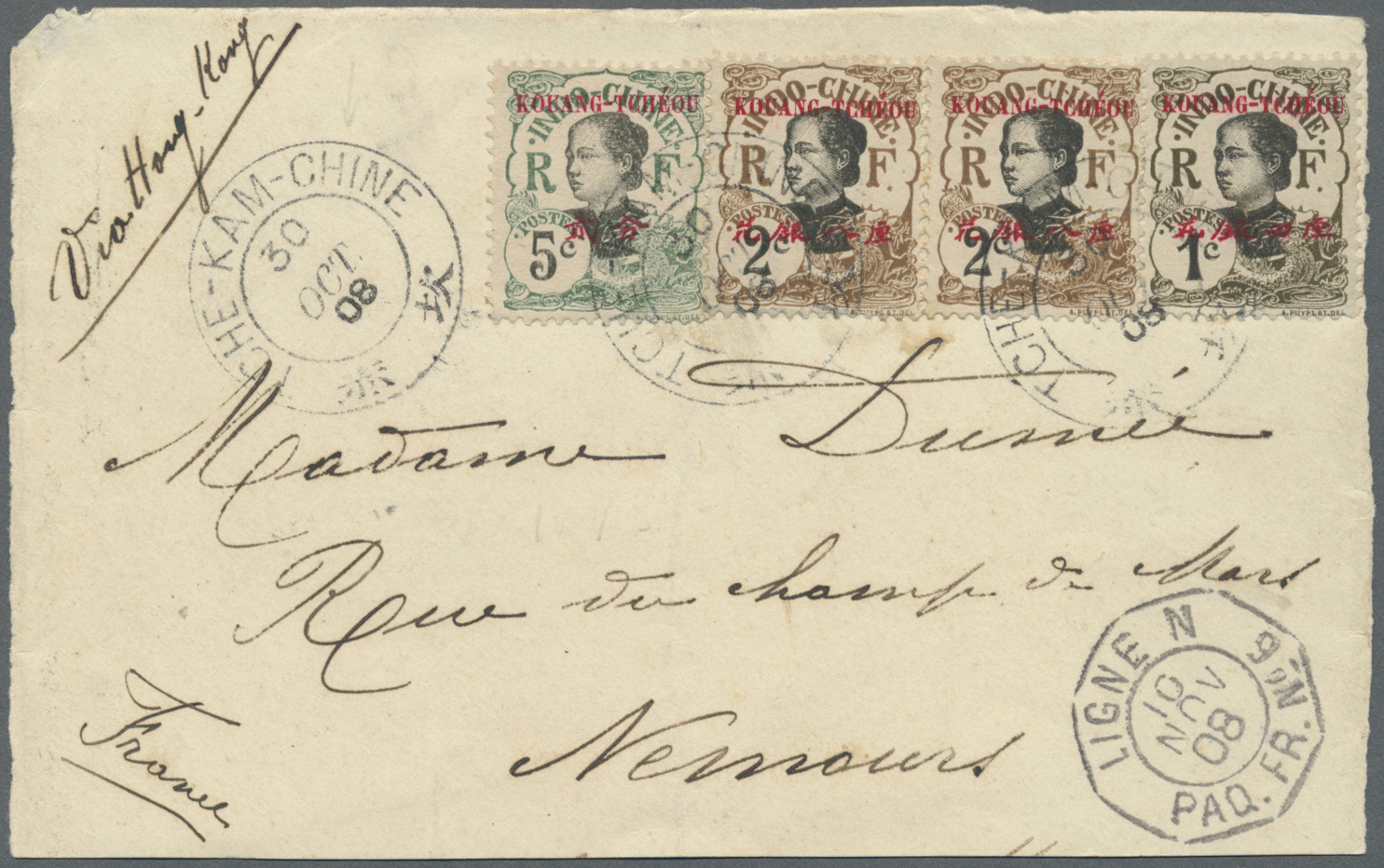 Br/ Französisch-Indochina - Postämter In Südchina: Kouang-Tcheou, 1908. Coverfront Addressed To France Bearing Kouaug Tc - Autres & Non Classés