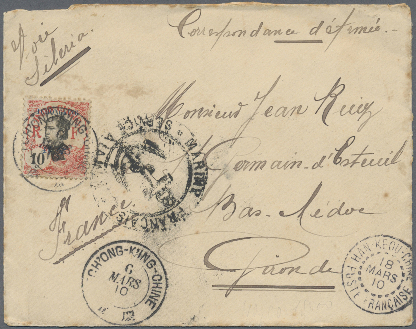 Br Französisch-Indochina - Postämter In Südchina: Kouang-Tcheou, 1910. Military Mail Envelope (traces Of Aging) Addresse - Other & Unclassified