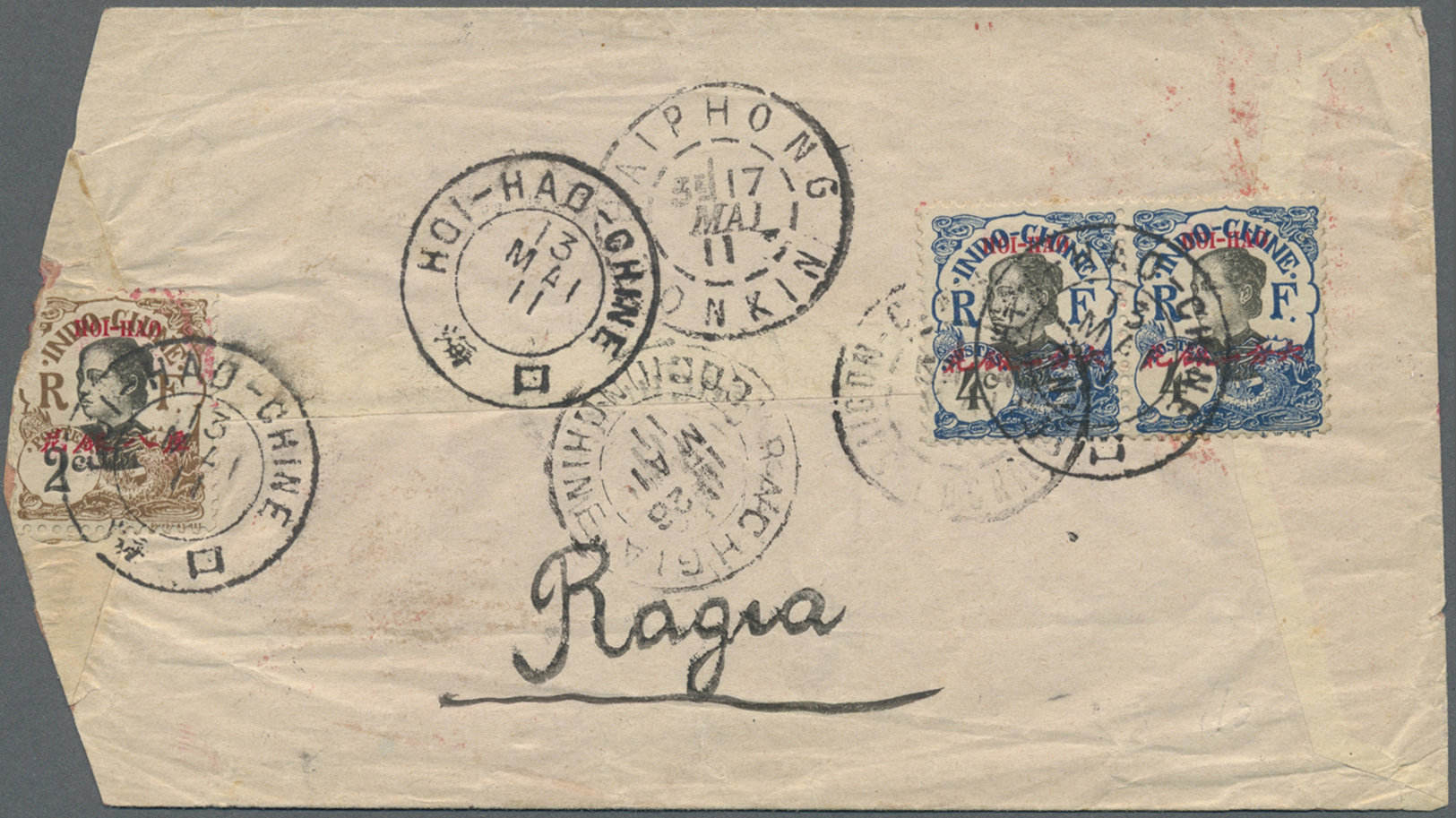 Br Französisch-Indochina - Postämter In Südchina: Hoi-Hao, 1911. Red Band Envelope (shortened At Left Affecting One Adhe - Other & Unclassified