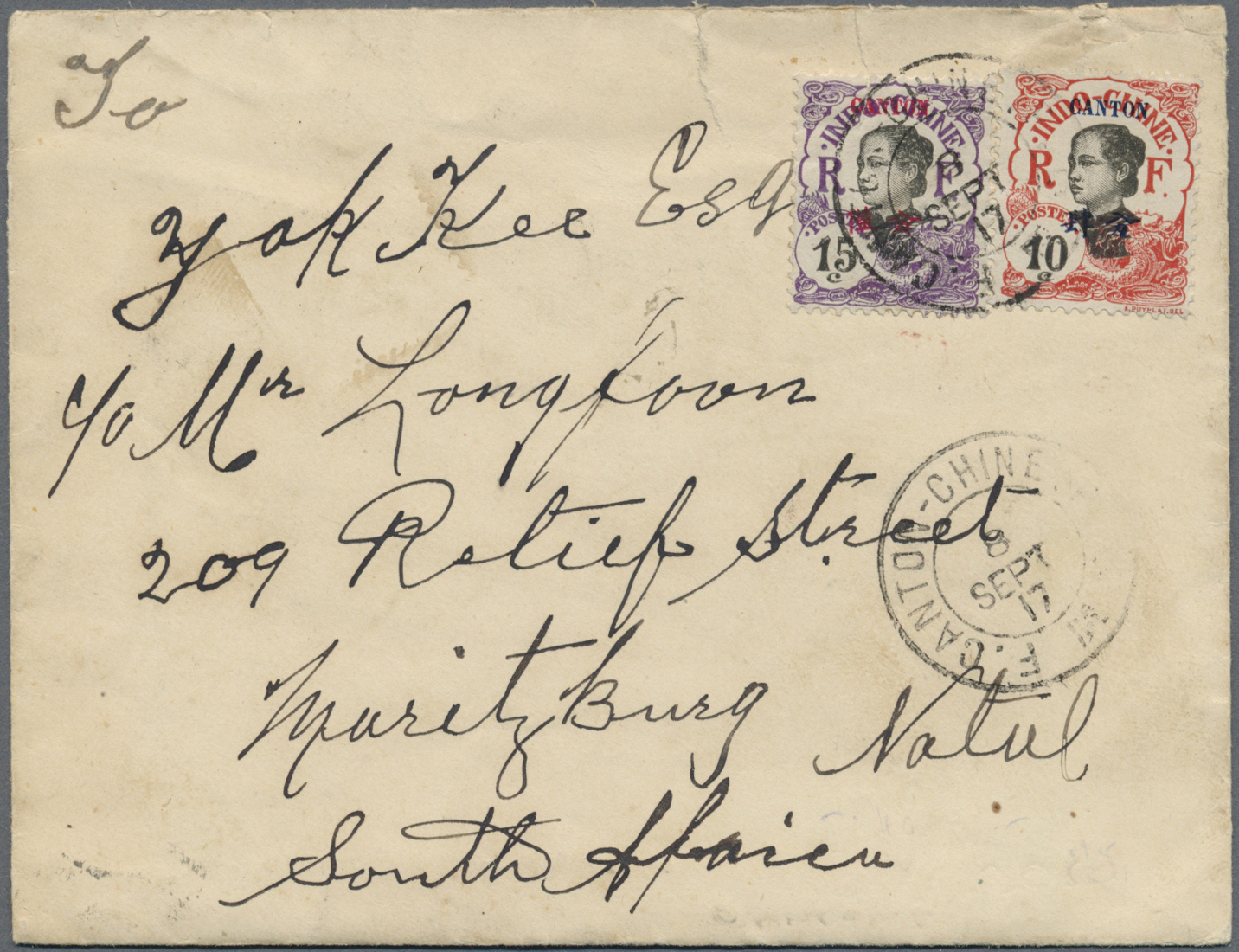 Br Französisch-Indochina - Postämter In Südchina: Canton, 1917. Envelope Written From 'Lie. Jom Mou, K. T. China' Addres - Other & Unclassified
