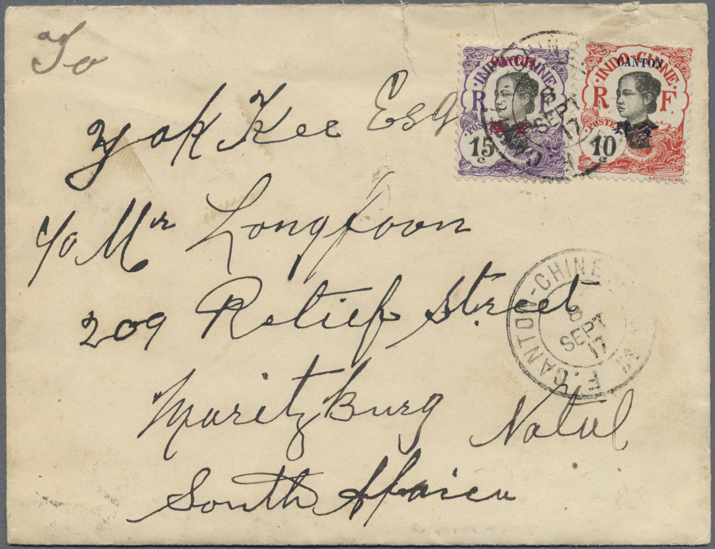 Br Französisch-Indochina - Postämter In Südchina: Canton, 1917. Envelope Written From 'Lie. Jom Mou, K. T. China' Addres - Autres & Non Classés