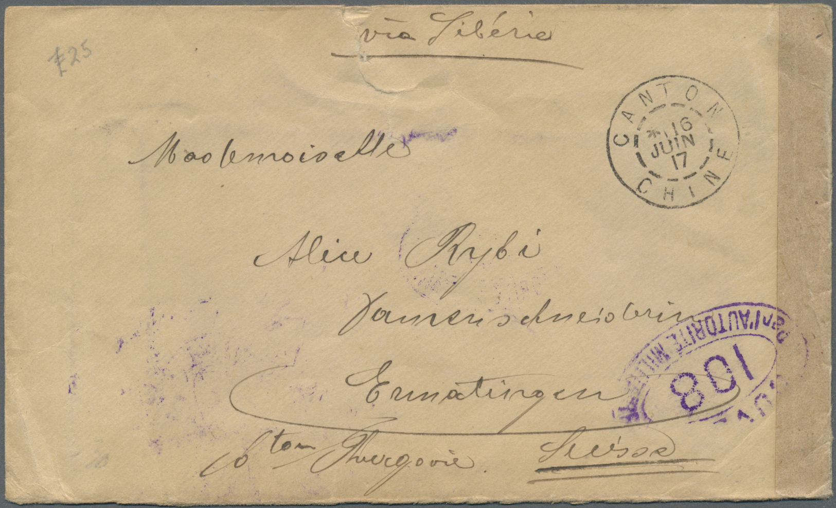 Br Französisch-Indochina - Postämter In Südchina: Canton, 1917. Censored Envelope (tear At Top) Addressed To Switzerland - Autres & Non Classés