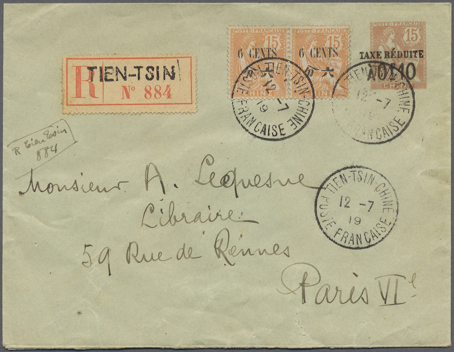 GA Französisch-Indochina - Postämter In Südchina: 1919. Registered Postal Stationery French Chine 15c Red Surcharged 'Ta - Other & Unclassified