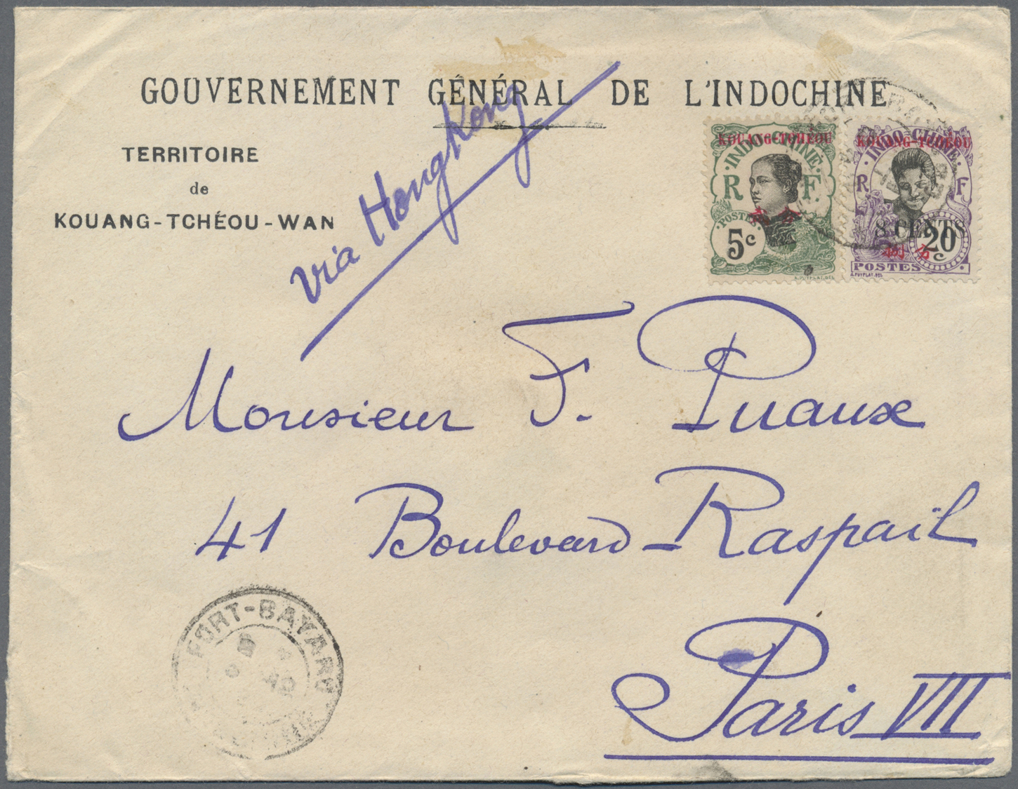 Br Französisch-Indochina - Postämter In Südchina: Kouang-Tcheou, 1920. Envelope (roughly Opend At Bottom) Headed 'Gouver - Other & Unclassified