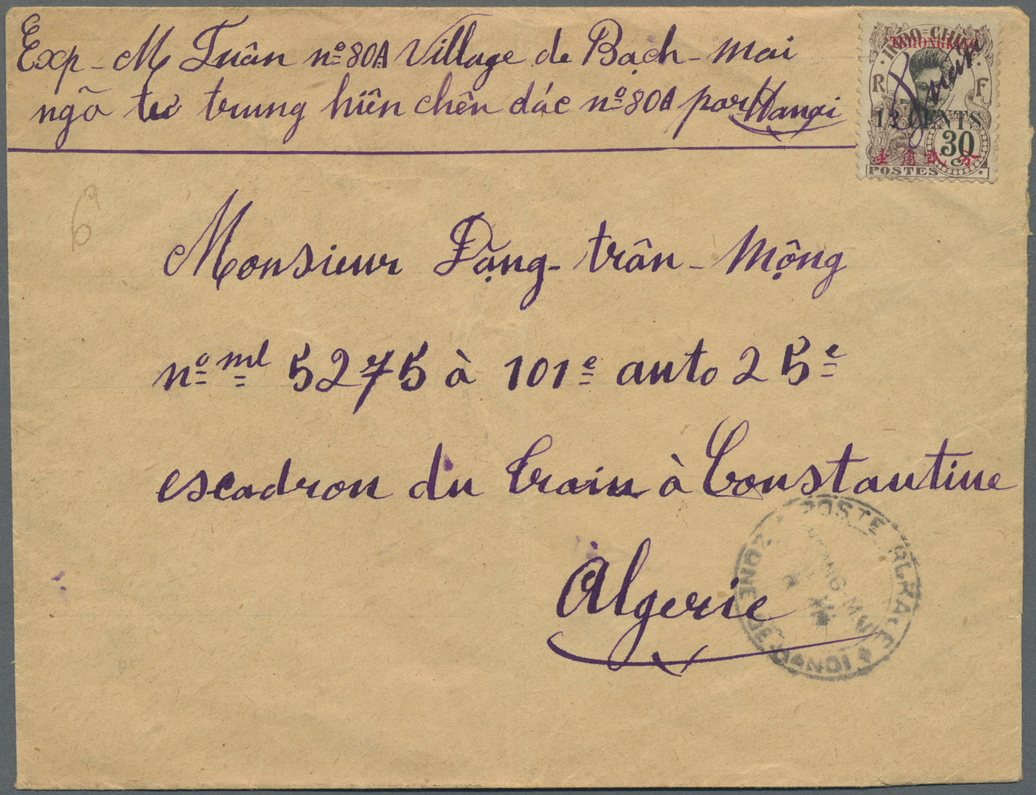 Br Französisch-Indochina - Postämter In Südchina: 1920. Envelope (vertical Fold) Written From 'Bach-Mai Village' Address - Other & Unclassified