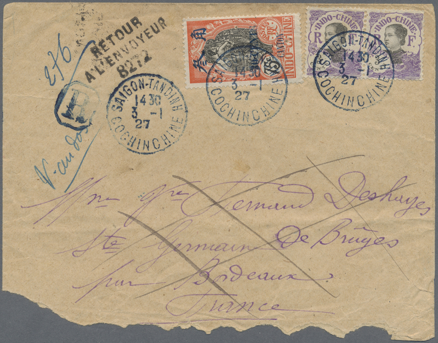 Br Französisch-Indochina - Postämter In Südchina: Canton, 1927. Registered Envelope (roughly Opened At Bottom) To France - Autres & Non Classés