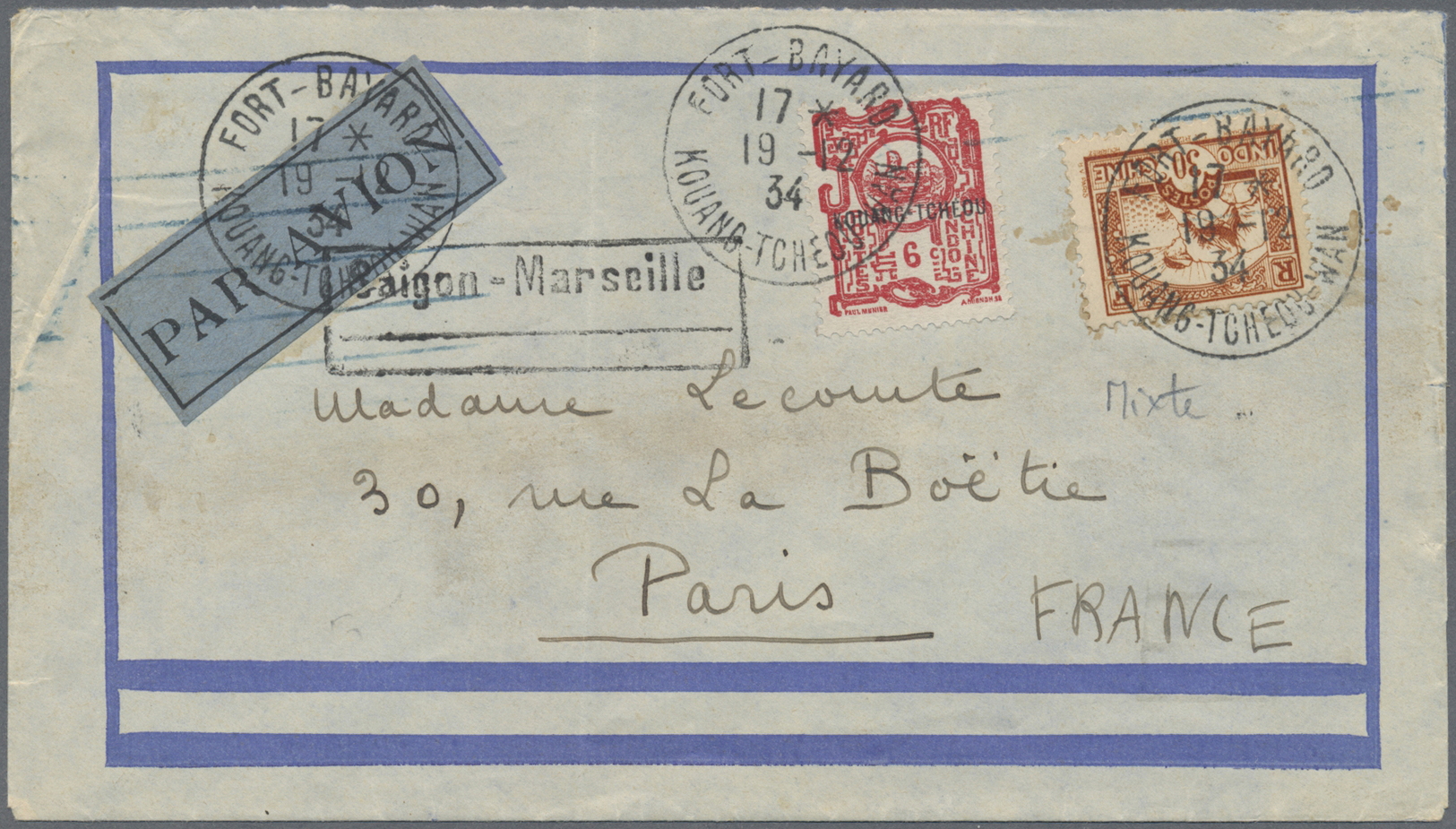 Br Französisch-Indochina - Postämter In Südchina: Kouang-Tcheou, 1934. Air Mail Envelope Addressed To France Bearing Ind - Other & Unclassified