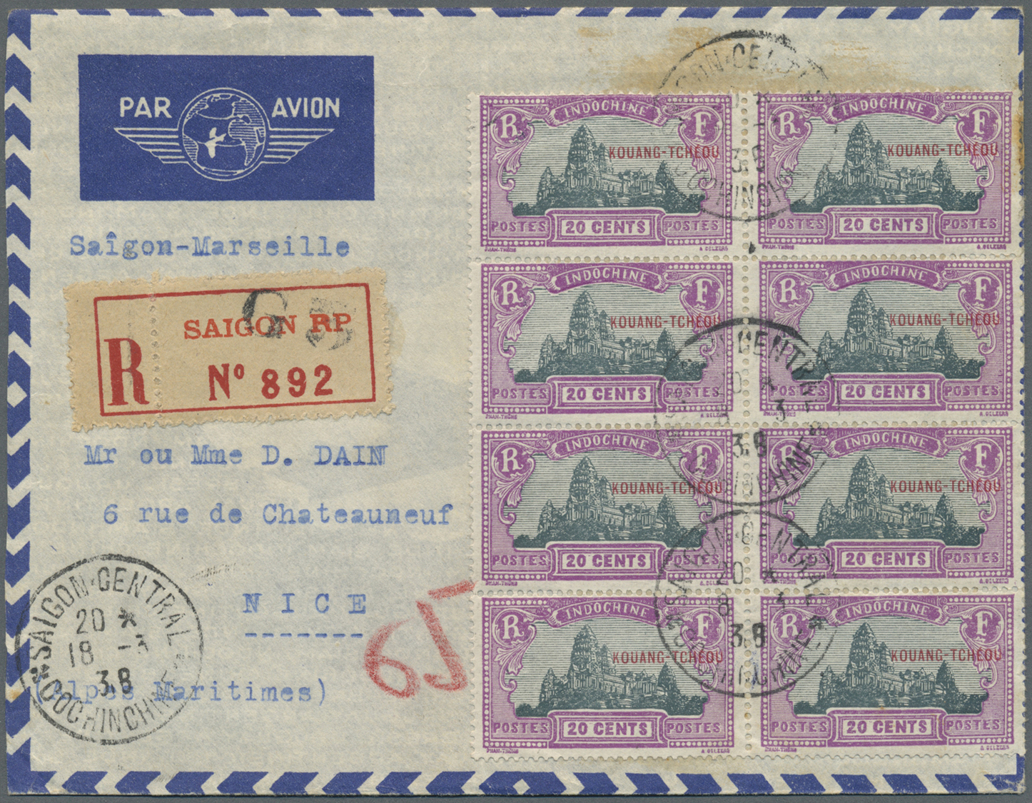 Br Französisch-Indochina - Postämter In Südchina: Kouang-Tcheou, 1938. Registered Air Mail Envelope Addressed To France - Other & Unclassified