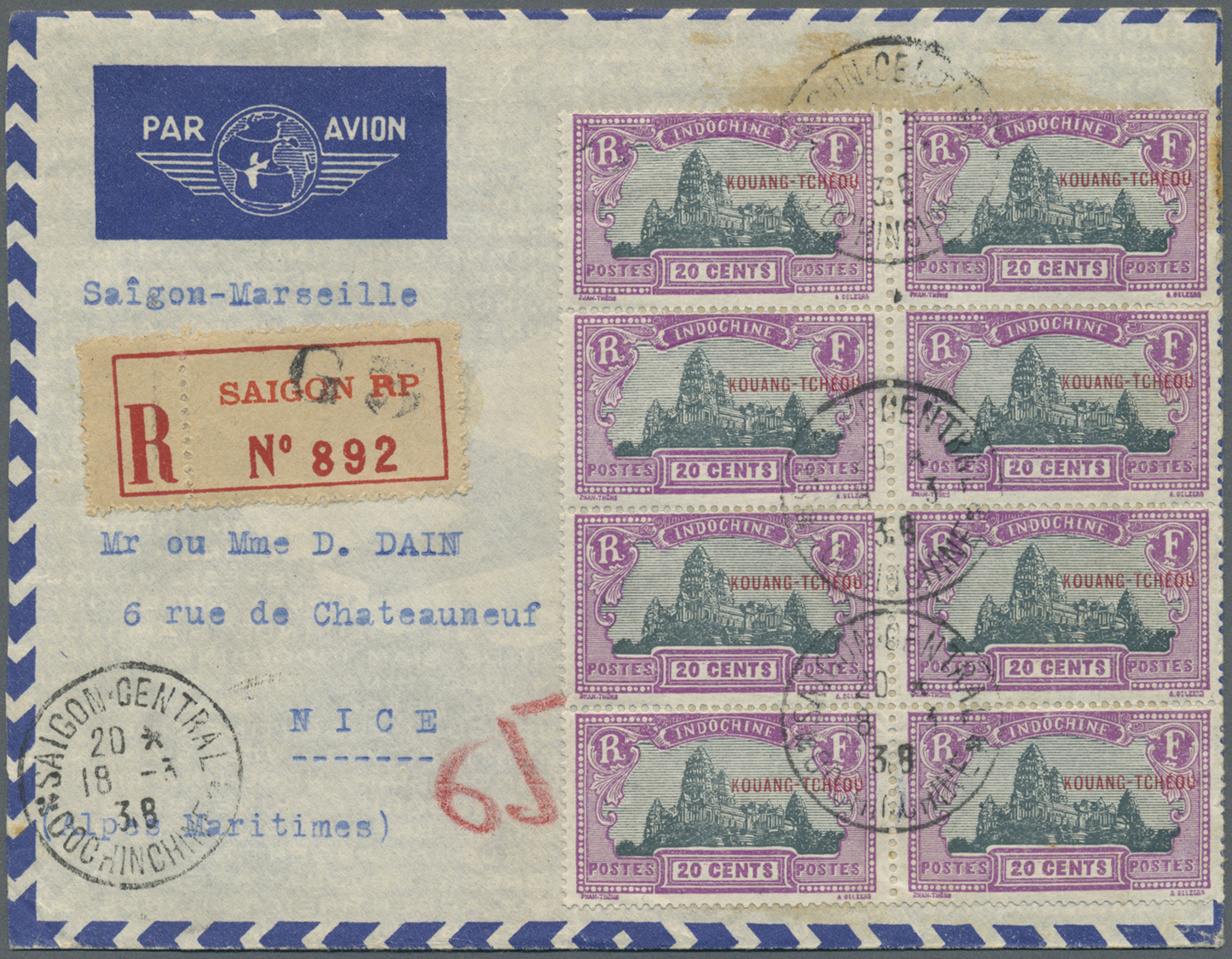 Br Französisch-Indochina - Postämter In Südchina: Kouang-Tcheou, 1938. Registered Air Mail Envelope Addressed To France - Autres & Non Classés