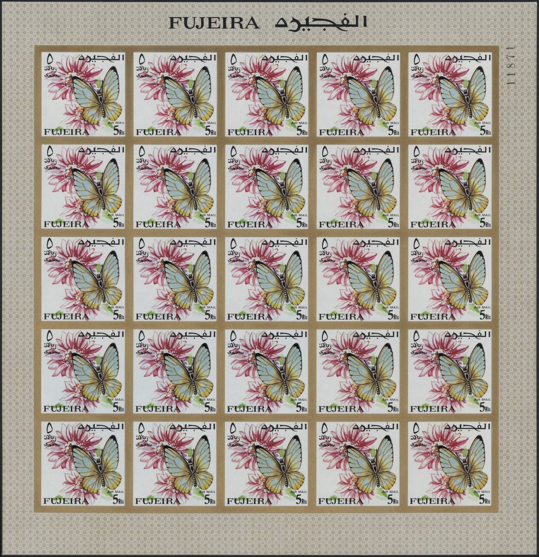 ** Fudschaira / Fujeira: 1967, Butterflies, imperforate issue, 1dh. to 5r., complete set of 27 values each as sheet of 2