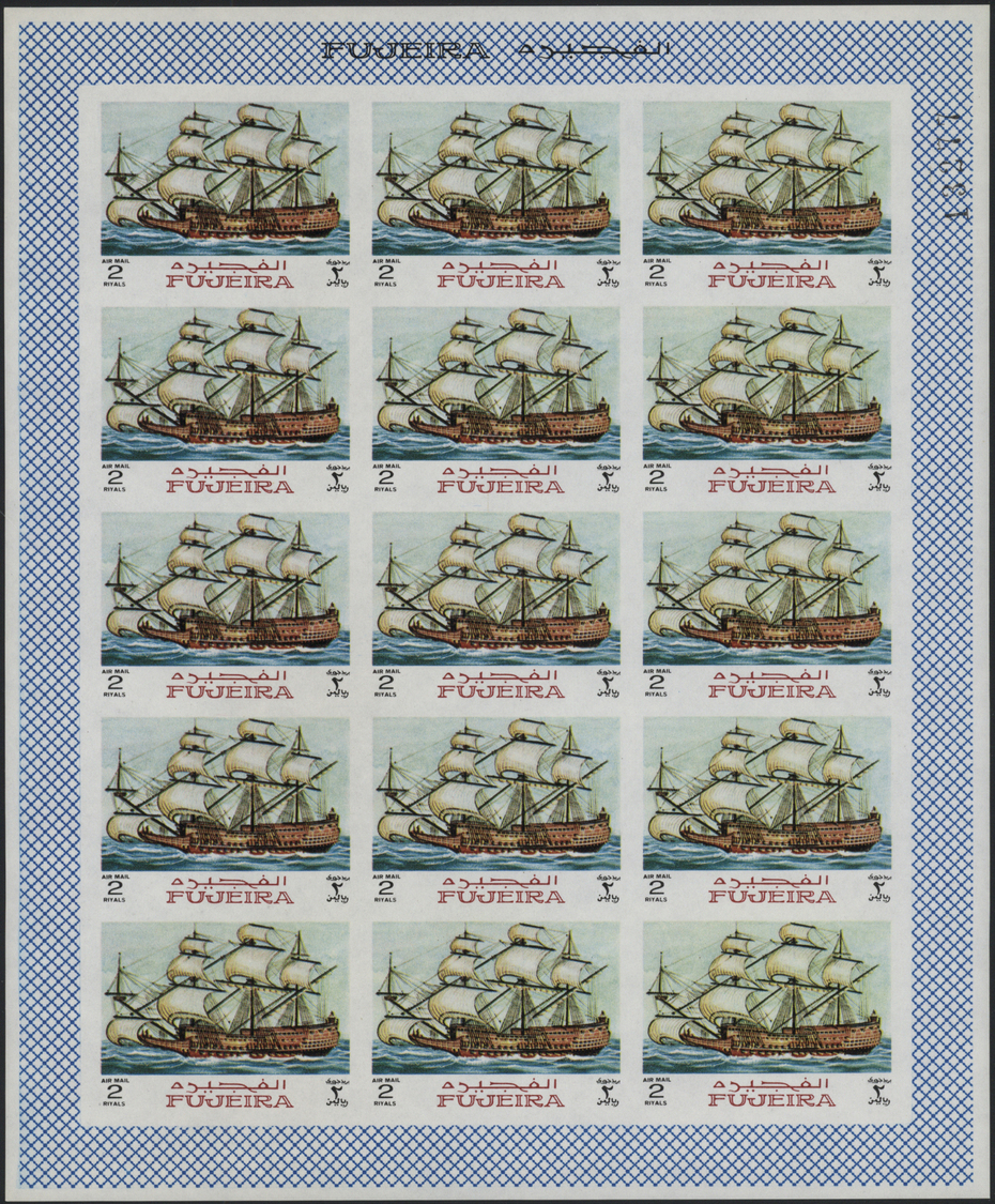 ** Fudschaira / Fujeira: 1968, Ships, Imperforate Issue, 15dh. To 5r., Complete Set Of Nine Values Each As Sheet Of 15 S - Fujeira