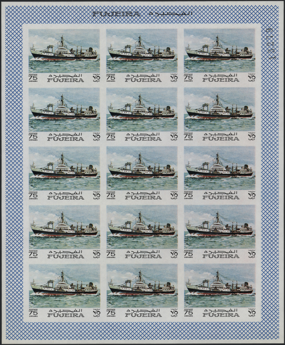 ** Fudschaira / Fujeira: 1968, Ships, imperforate issue, 15dh. to 5r., complete set of nine values each as sheet of 15 s