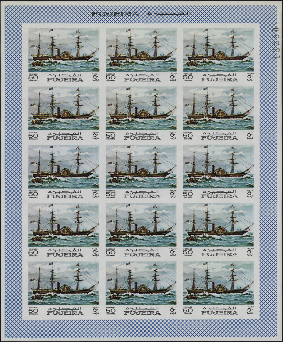 ** Fudschaira / Fujeira: 1968, Ships, imperforate issue, 15dh. to 5r., complete set of nine values each as sheet of 15 s