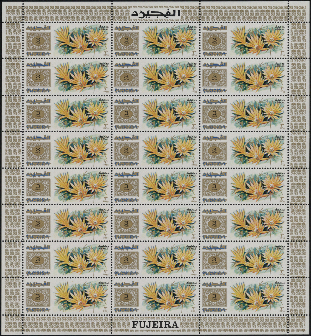 ** Fudschaira / Fujeira: 1969, Flowers, perforated issue, 25dh. to 5r., complete set of nine values each as sheet of 24
