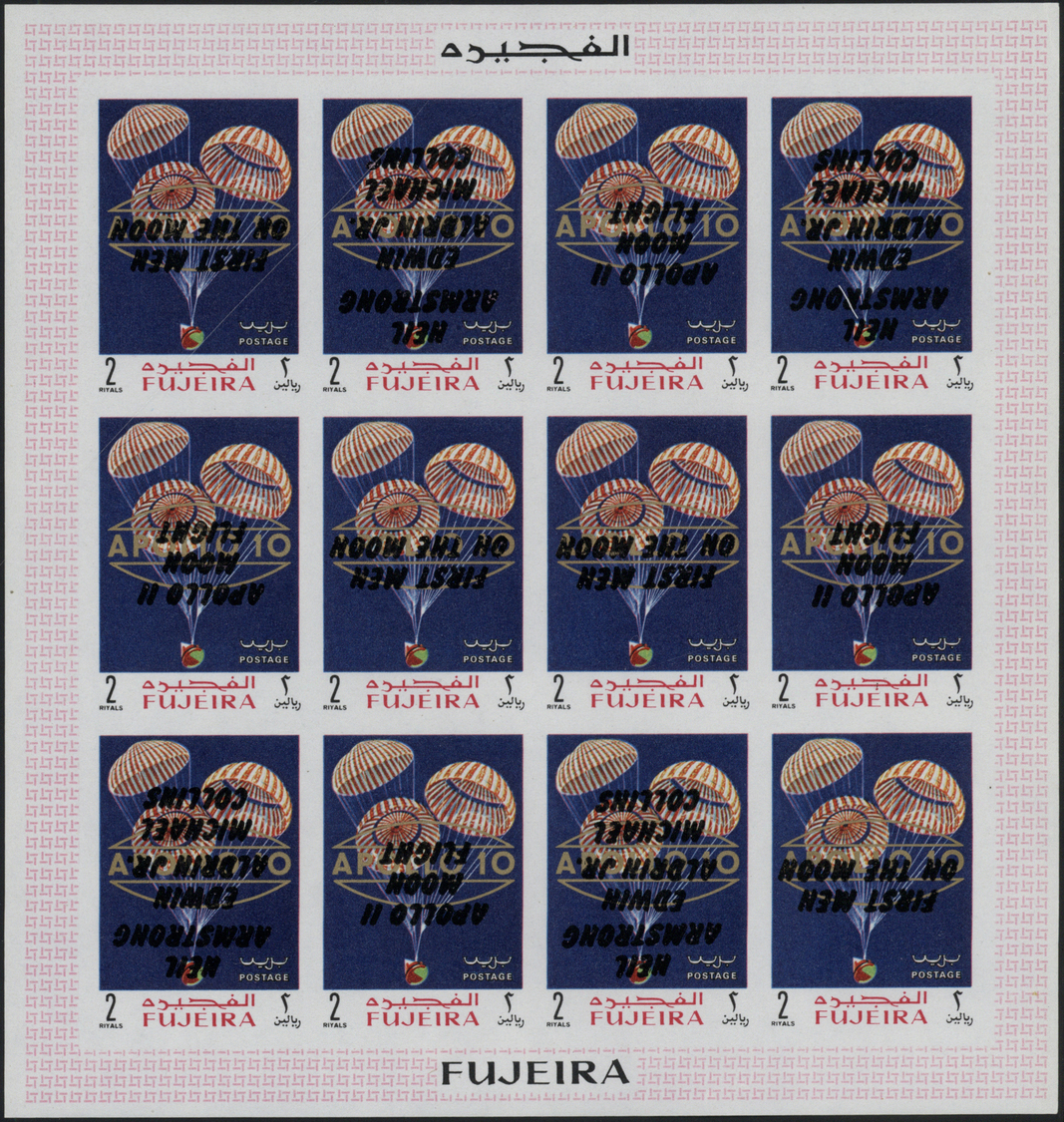 ** Fudschaira / Fujeira: 1969, Apollo 11 INVERTED OVERPRINTS (all three types) on golden "APOLLO 10" overprints, 10dh. t