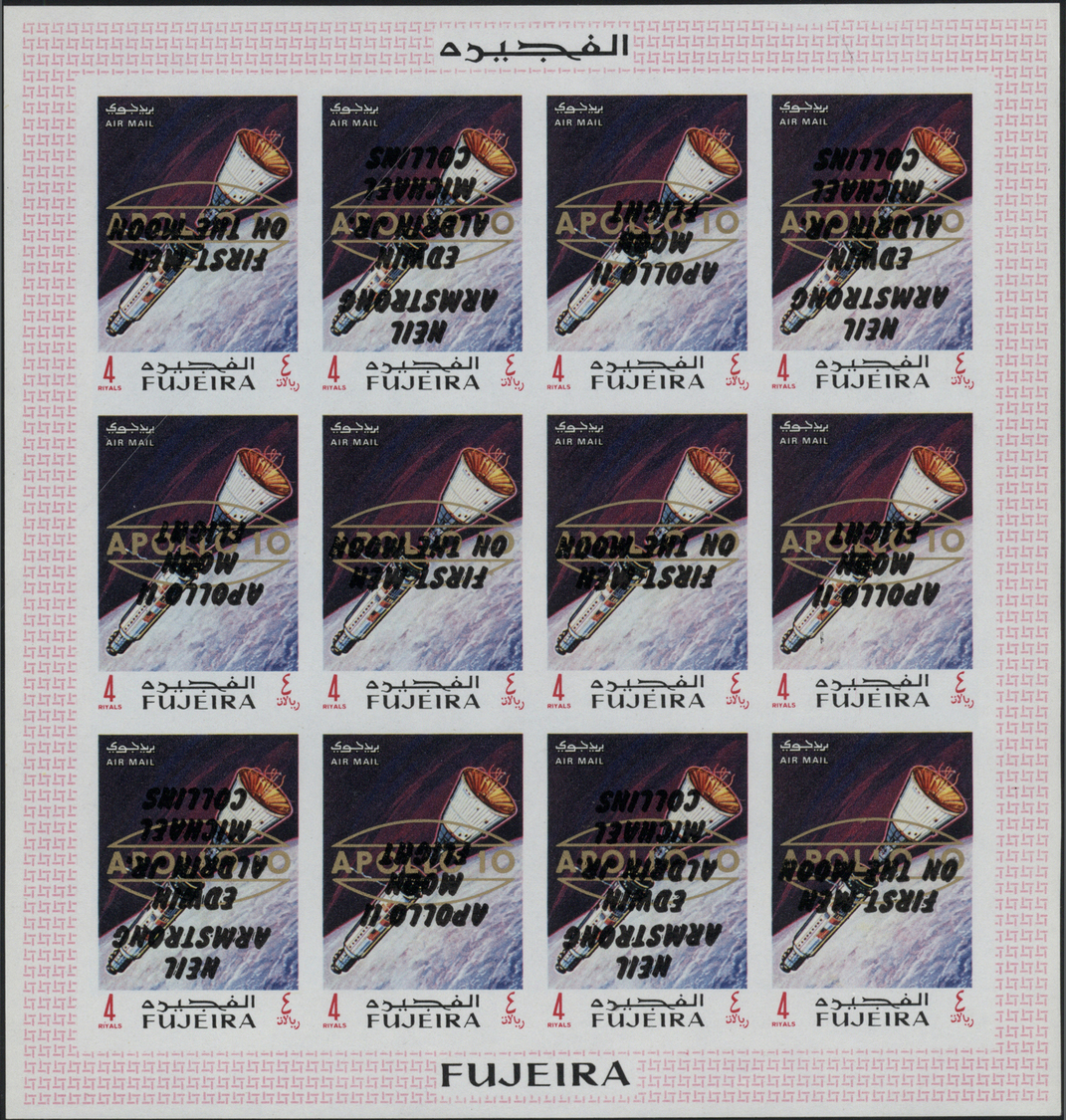 ** Fudschaira / Fujeira: 1969, Apollo 11 INVERTED OVERPRINTS (all three types) on golden "APOLLO 10" overprints, 10dh. t