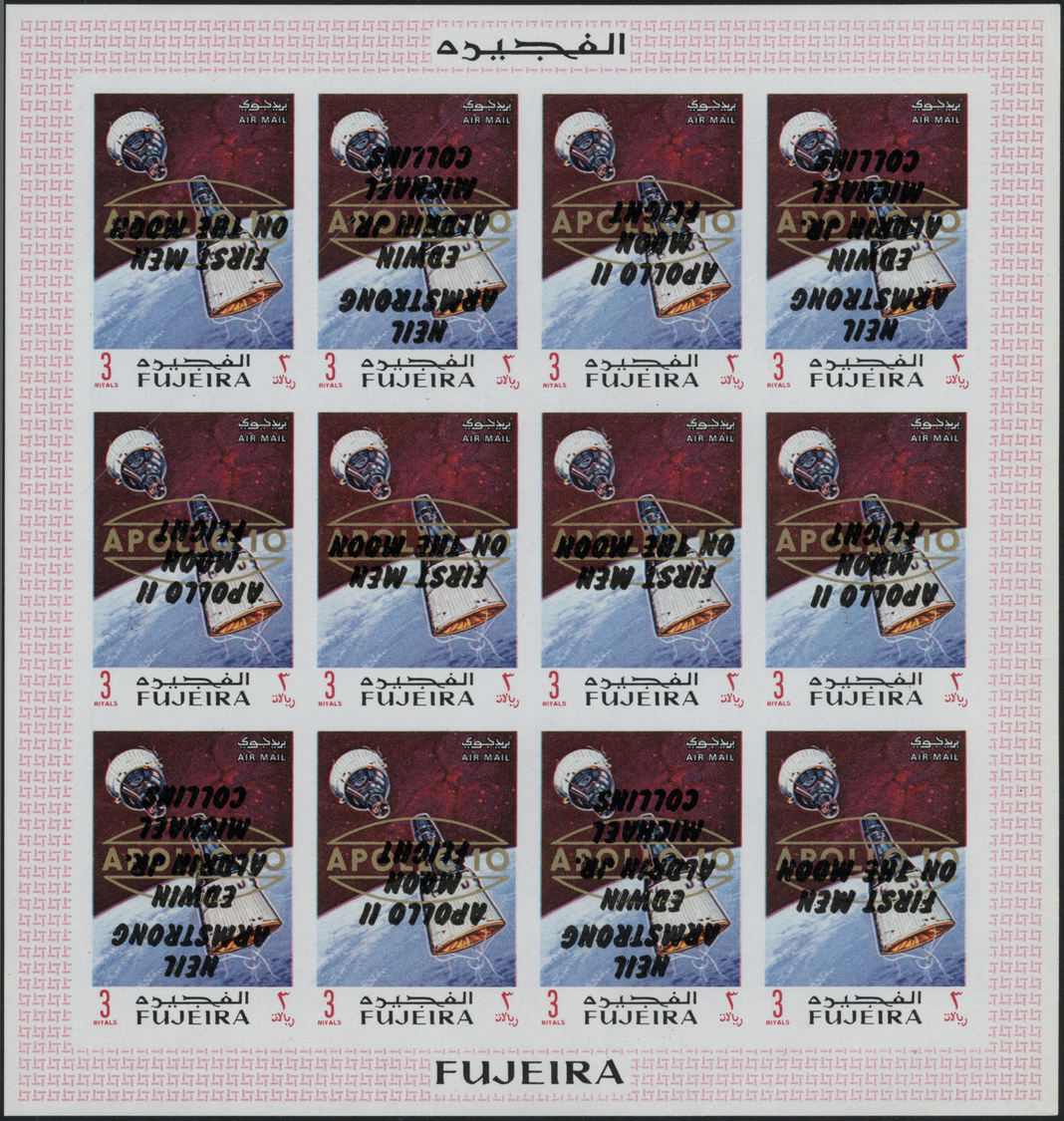 ** Fudschaira / Fujeira: 1969, Apollo 11 INVERTED OVERPRINTS (all three types) on golden "APOLLO 10" overprints, 10dh. t