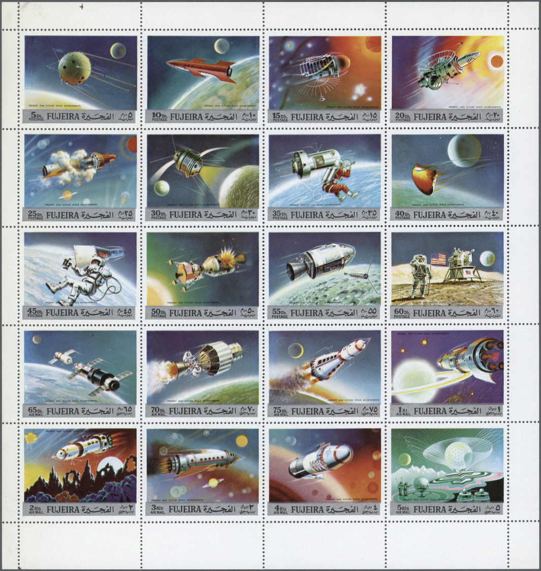 ** Fudschaira / Fujeira: 1972, Space Exploring, 5dh. To 5r., Perforated Issue, Complete Se-tenant Sheet Of 20 Stamps, Un - Fujeira