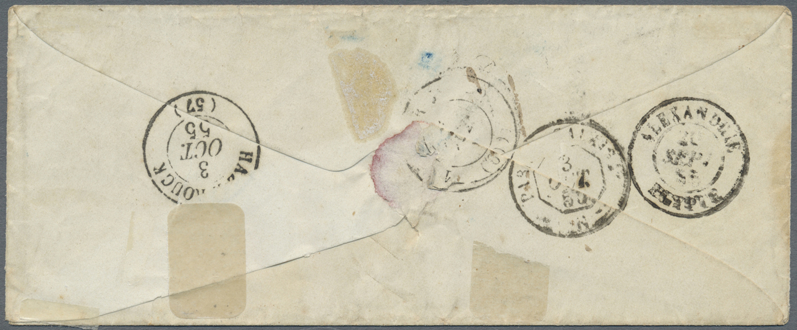 Br Holyland: 1855, "JAFFA SYRIE 18/SEPT/55" Black Cds. Of French Levant Post Office On Small Envelope With Blue Oneliner - Palestine