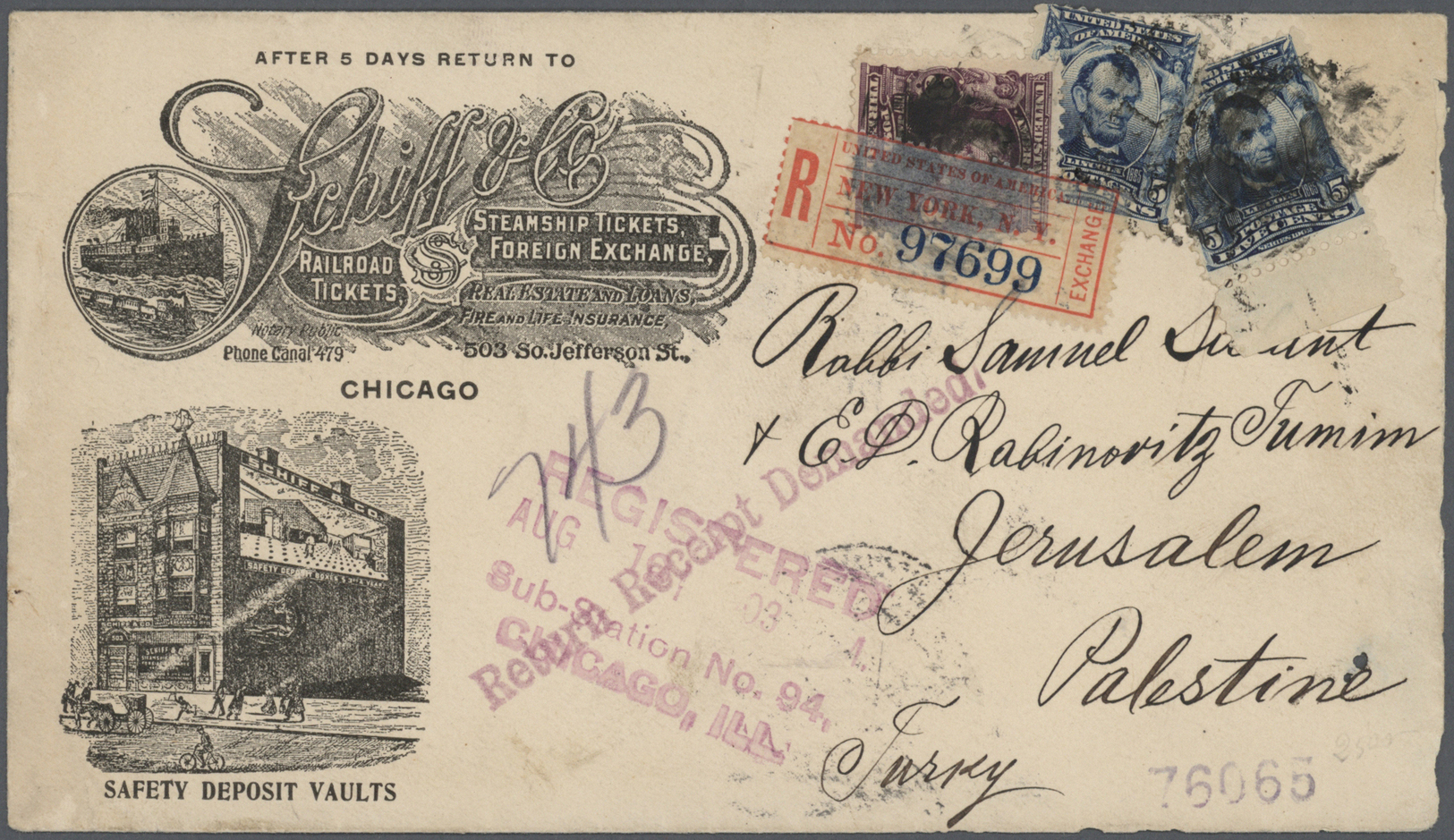 Br Holyland: 1903, Incoming Cover From USA To RABBI SHMUEL SALANT (1816-1909), Illustrated Avis De Reception/registered - Palestine