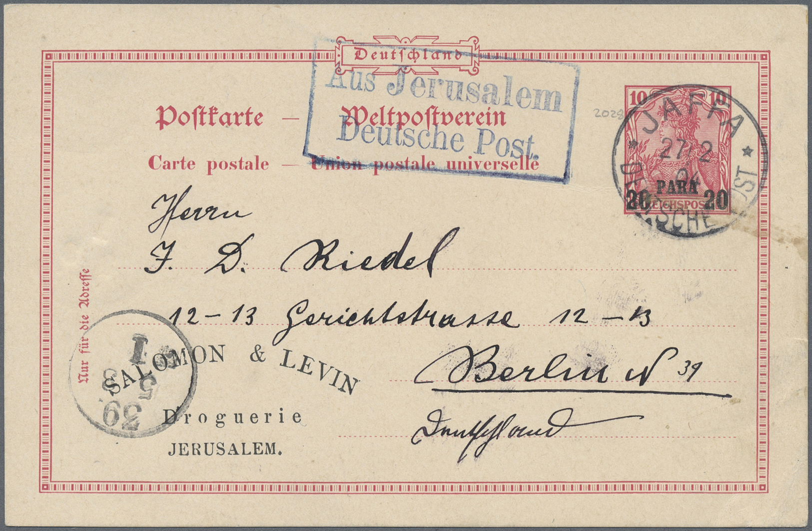 GA Holyland: 1904, German Post Postal Stationery Card 20 Para On 10 Pf. Red With Pharmacy Imprint Tied By "JAFFA 27/2/04 - Palestine