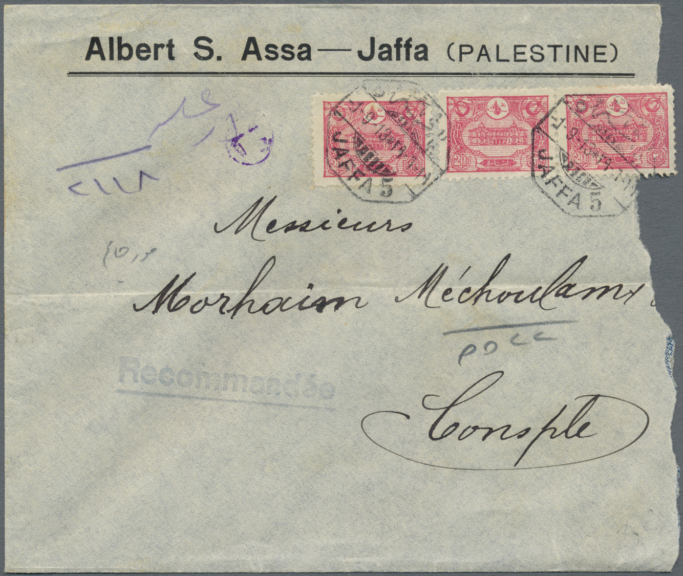Br Holyland: 1913, "JAFFA 5" Octogonal Ds. (Coles-Walker 145) On Registered Cover, Three 20 Para Carmine Clear Cancelled - Palestine