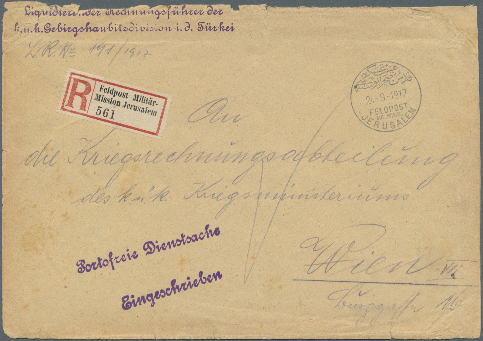 Br Holyland: 1917, Registered Cover "Portofreie Dienstsache" From "JERUSALEM FELDPOST MIL.MISSION 24.9.1917" With Regist - Palestine