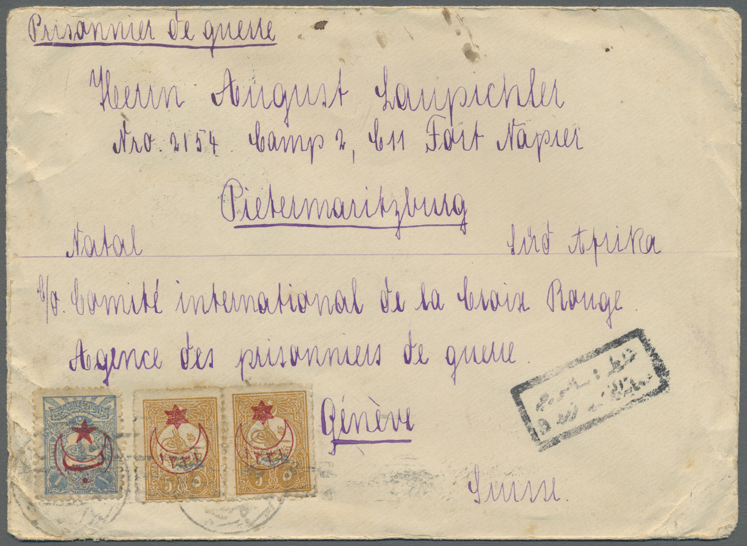 Br Holyland: 1918, WW I - POW IN HAIFFA : Cover Bearing Pair 5pa. + 1pia. Tied By Bilingual "Caiffa" Cds. Sent To Sud-Af - Palestine
