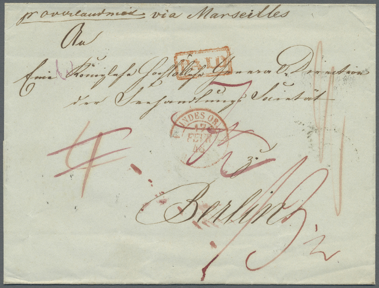Br Hongkong: 1847, "HONG-KONG 23 DE 1847" On Reverse Of Folded Envelope With Red Boxed "PAID" Endorsed "pr. Overland Mai - Autres & Non Classés
