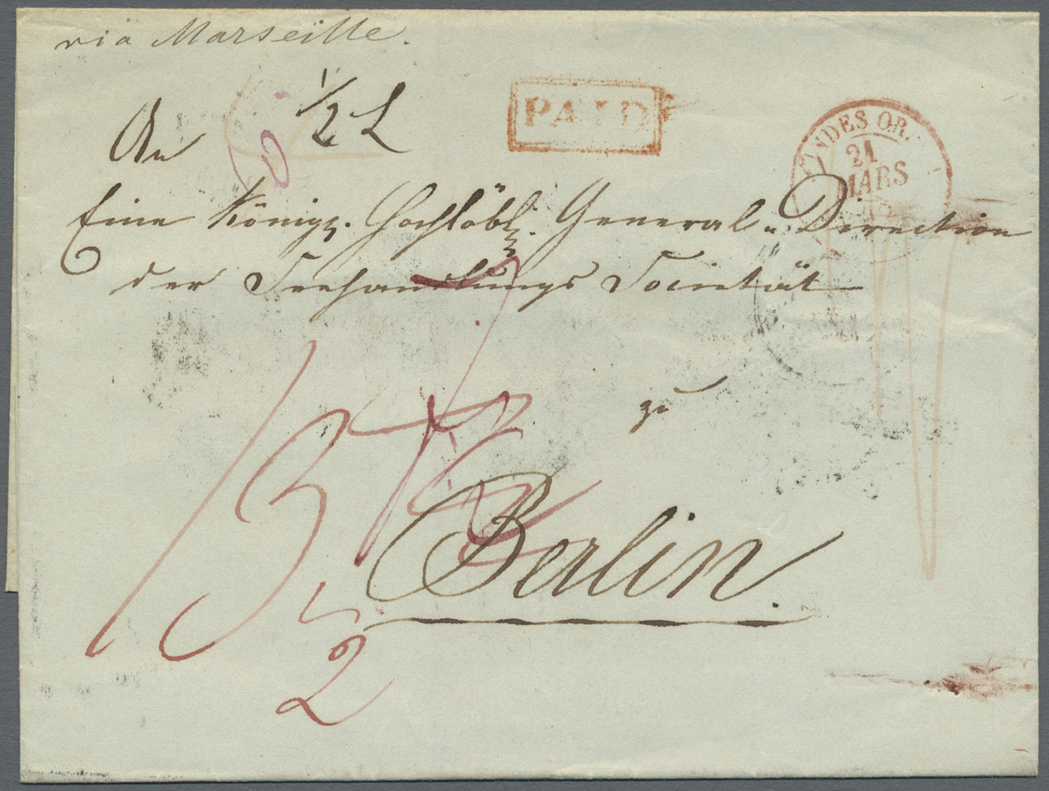 Br Hongkong: 1848, "HONG-KONG 29 JA 1848" On Reverse Of Folded Envelope With Red Boxed "PAID" Endorsed "via Marseille" T - Other & Unclassified