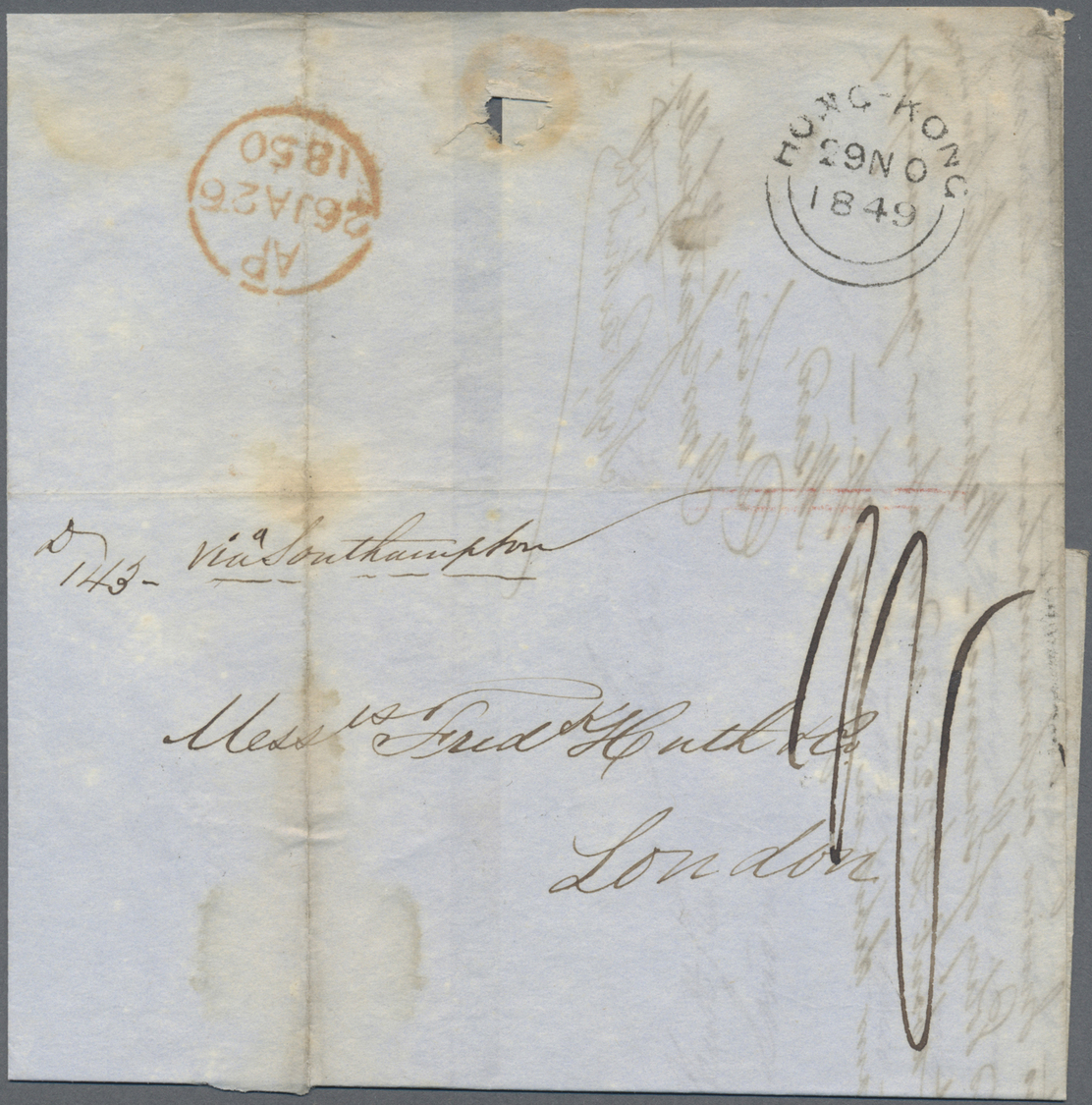 Br Hongkong: 1850. Stamp-less Envelope Written From Canton 26th November Addressed To London With Hong Kong Transit Nov - Autres & Non Classés