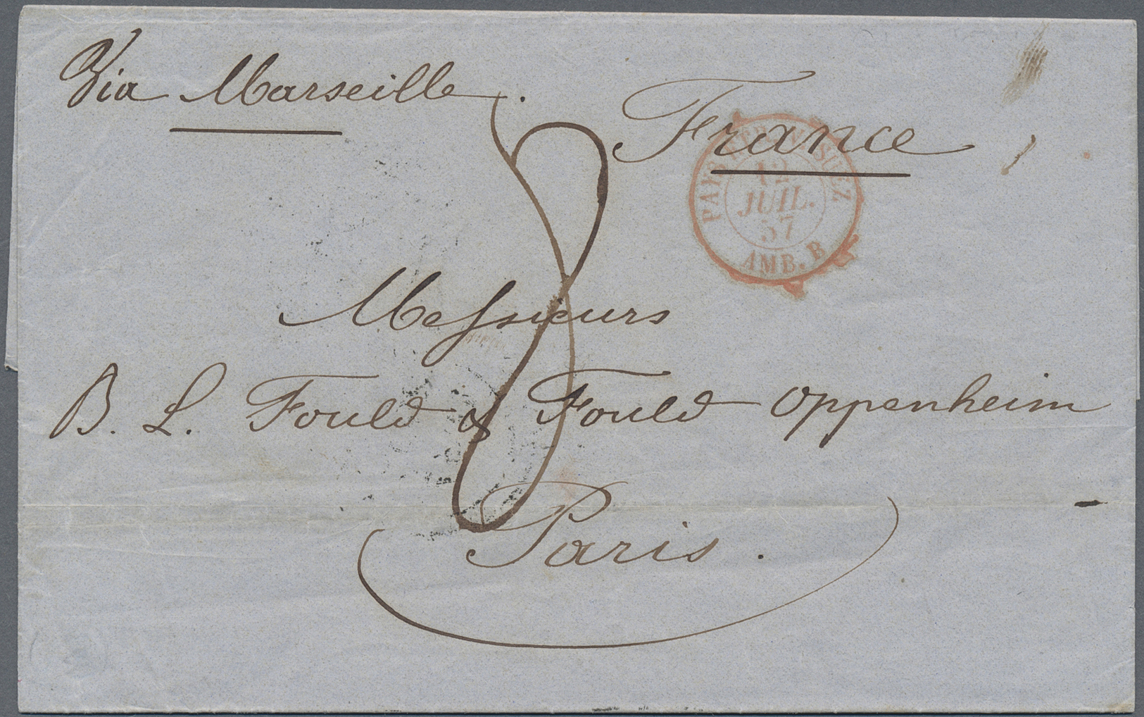 Br Hongkong: 1857. Stampless Envelope Addressed To France Dated 'Shanghae 15th Mai 1857', Routed Via Hong Kong '20th May - Autres & Non Classés