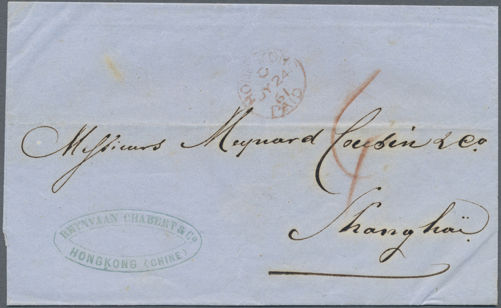 Br Hongkong: 1861. Stampless Envelope To Shanghai Cancelled By Hong Kong/Paid Date Stamp In Red (Webb Type 14a) With Hon - Autres & Non Classés