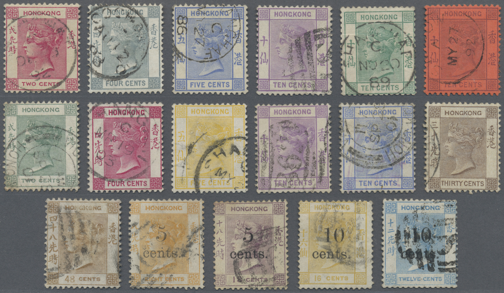 O Hongkong: 1863/1900 (ca.), QV Used (17) Inc. Surcharges, As Is - Autres & Non Classés
