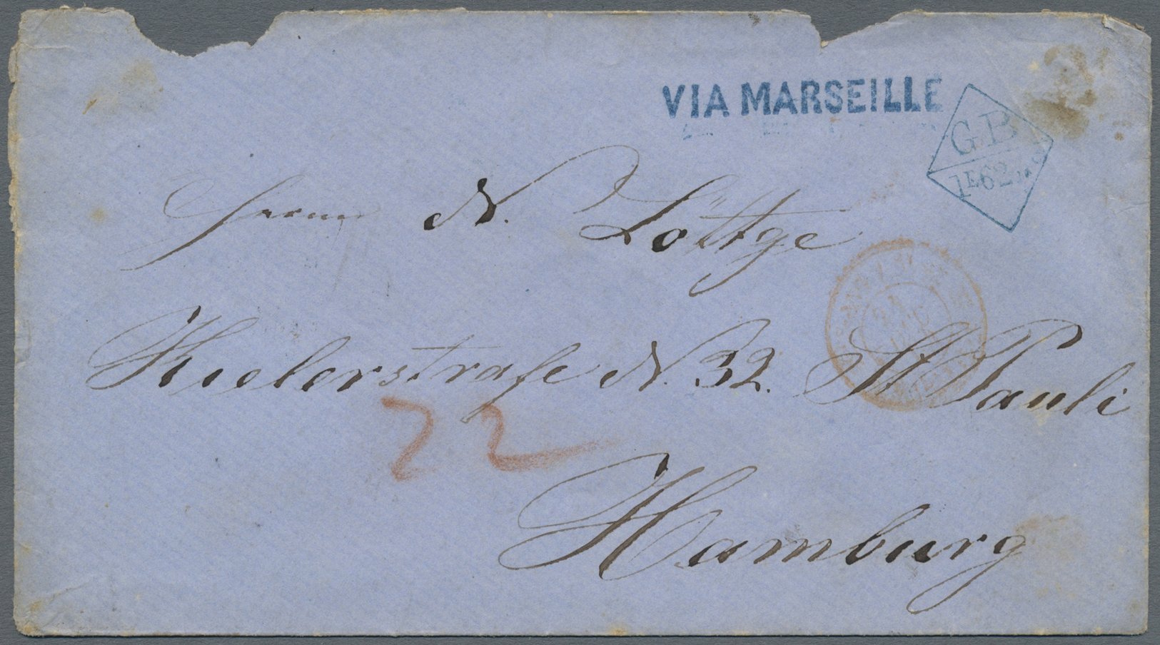 Br Hongkong: 1864, Pre-Philatelic, Cover Sent To HAMBURG, Alongside Blue "VIA MARSEILLE", Oval Framed French/british Cle - Autres & Non Classés